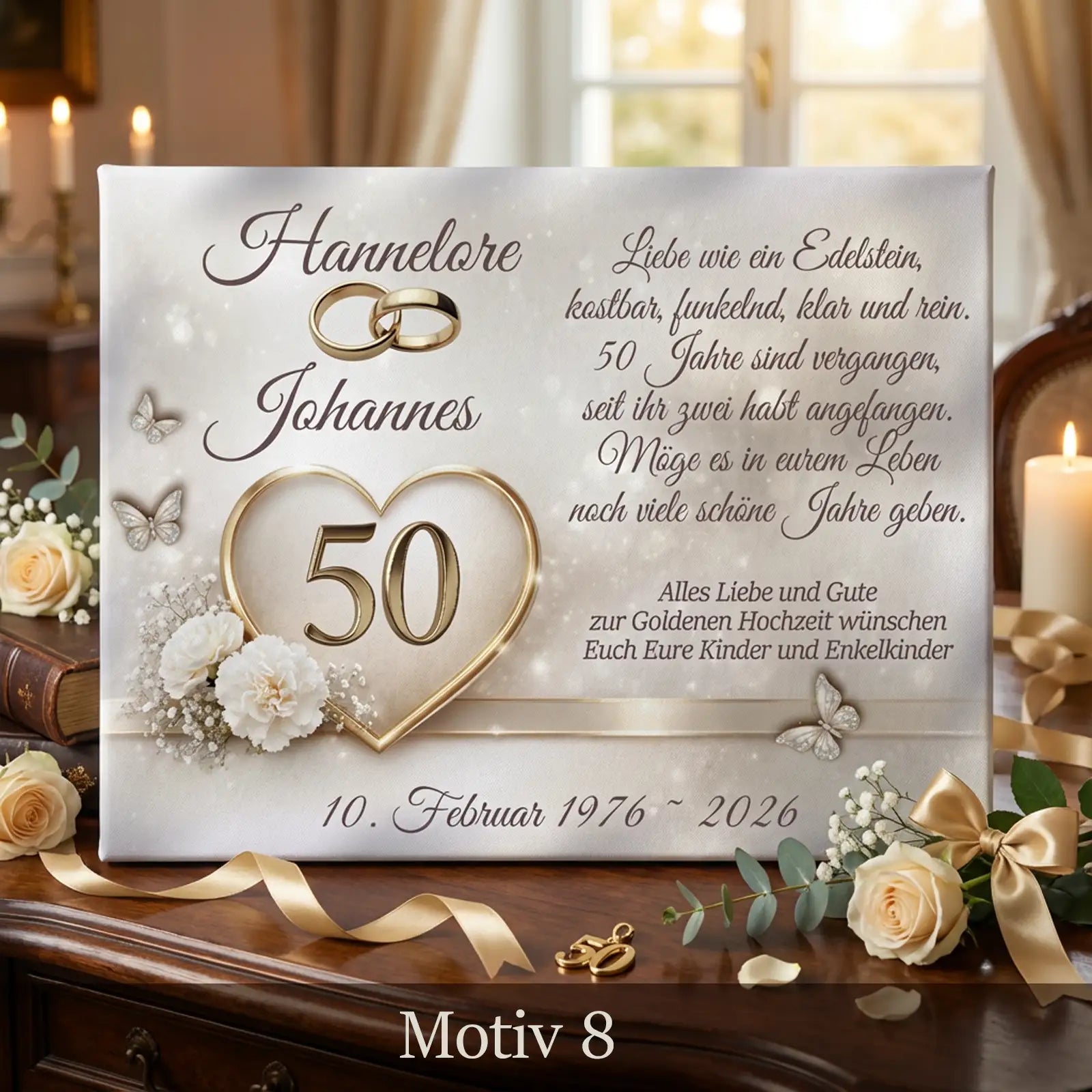 Goldhochzeit Leinwand mit Blumendekor, goldener Zahl 50, Namen und personalisiertem Text