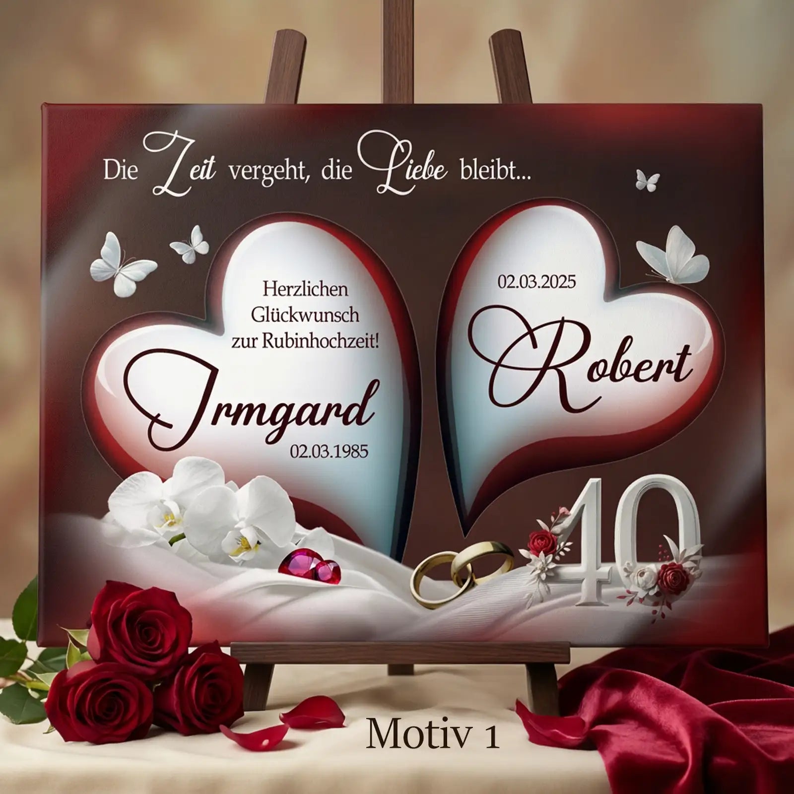Rubinhochzeit Leinwand mit zwei Herzen, Blumen, Schmetterlingen und goldenen Ringen, Zahl 40