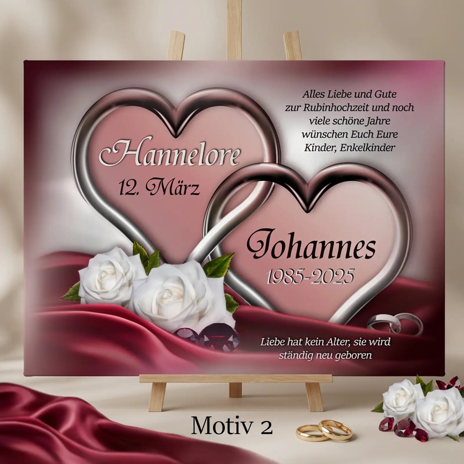 Leinwand zur Rubinhochzeit mit zwei silbernen Herzen, weißen Rosen und Personalisierung