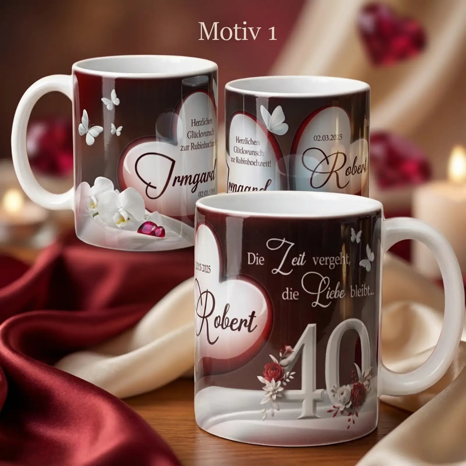Personalisierte Rubinhochzeit Tasse mit Herzmotiv, Namen, Datum, Schmetterlingen und Ringen