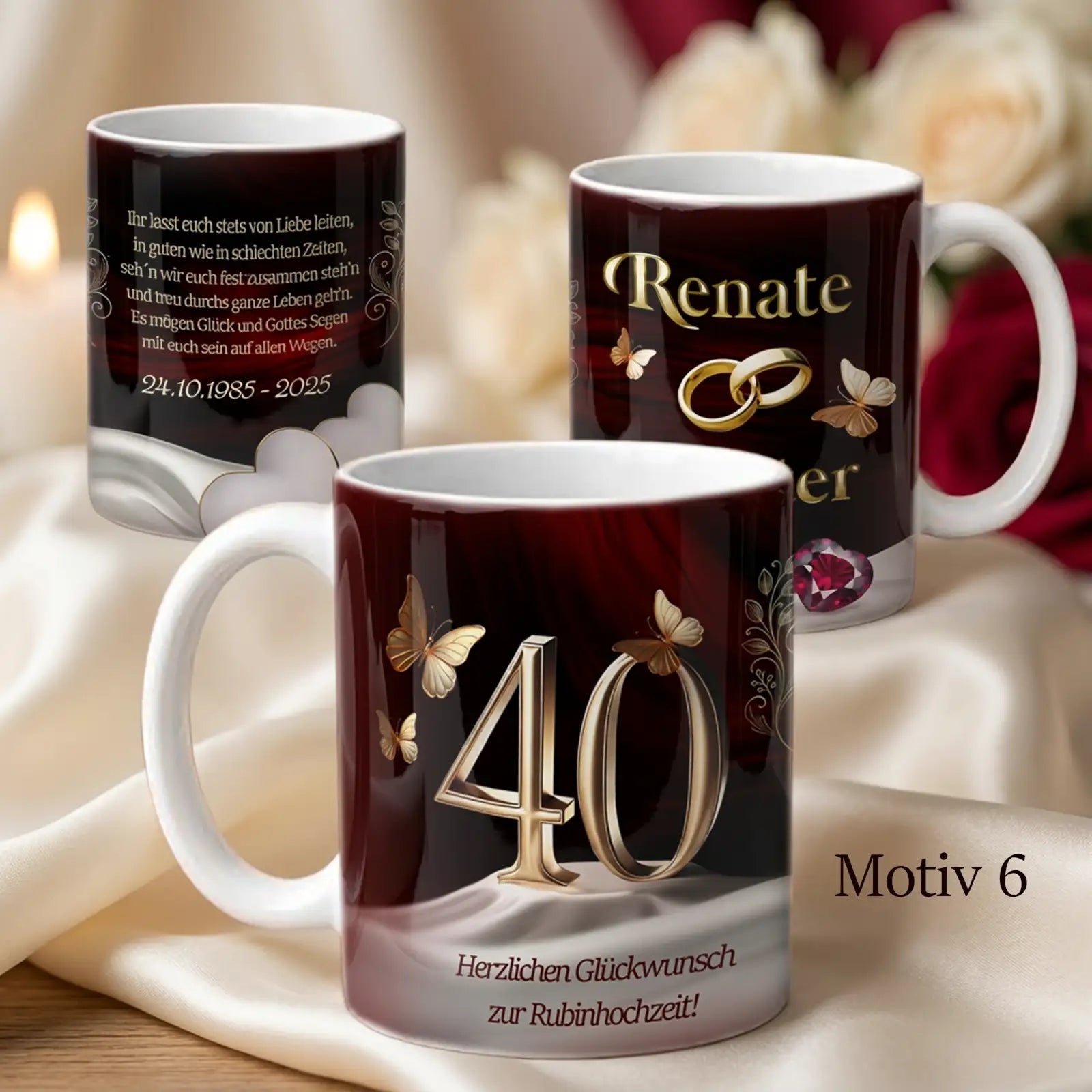Tasse zur Rubinhochzeit mit goldenen Ringen, Zahl 40, Herzen und Jubiläumsspruch, personalisiert