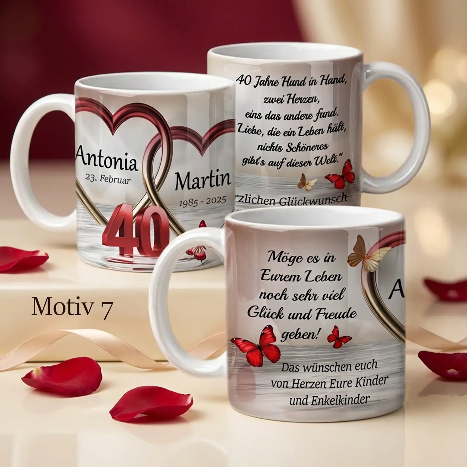 Motivtasse zur Rubinhochzeit mit verschlungenen Herzen, Schmetterlingen und Zahl 40