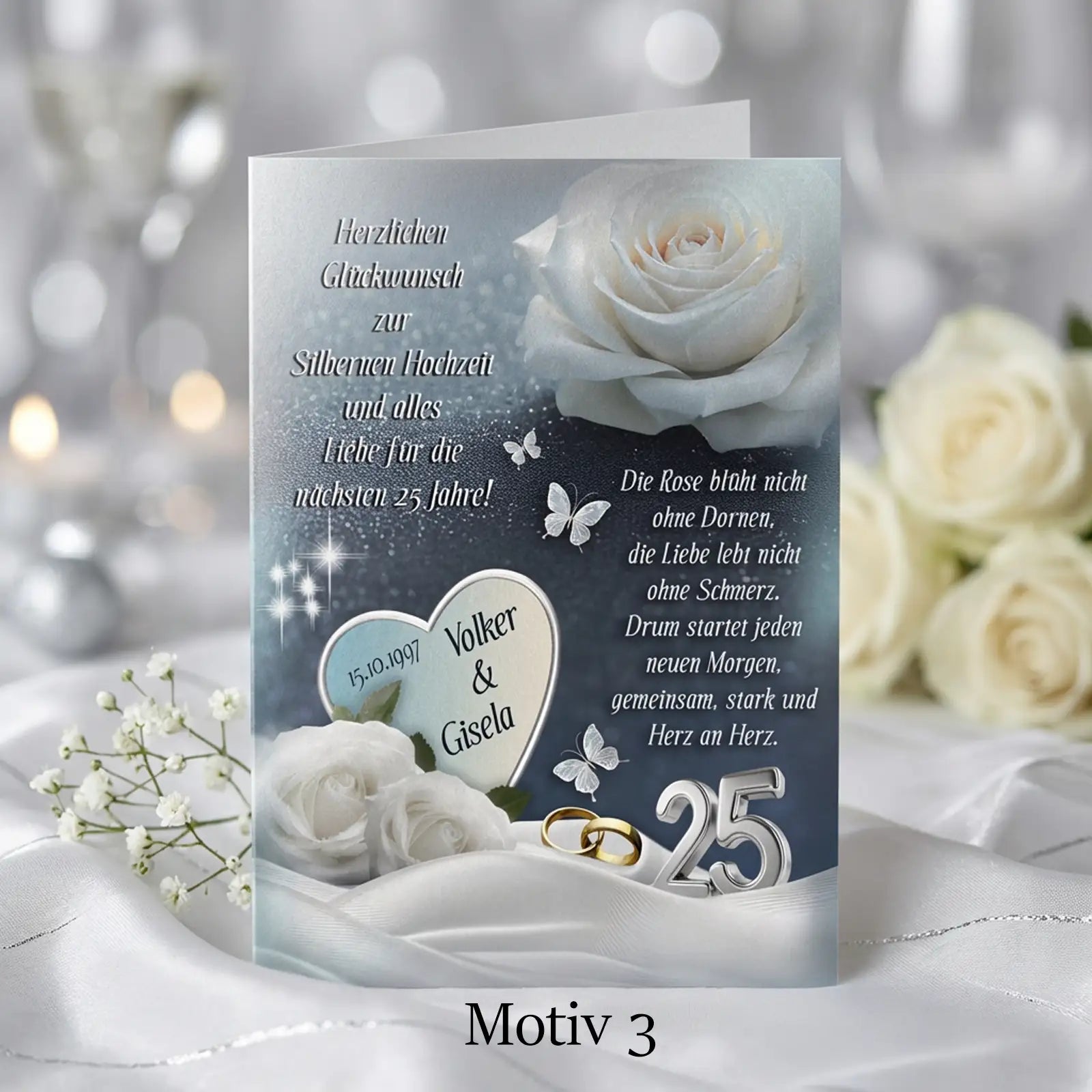 Personalisierte Glückwunschkarte zur Silberhochzeit mit weißen Rosen, Schmetterlingen und Zahl 25 – edle Hochzeitskarte mit Namen und Datum, romantisches Geschenk zum 25. Hochzeitstag