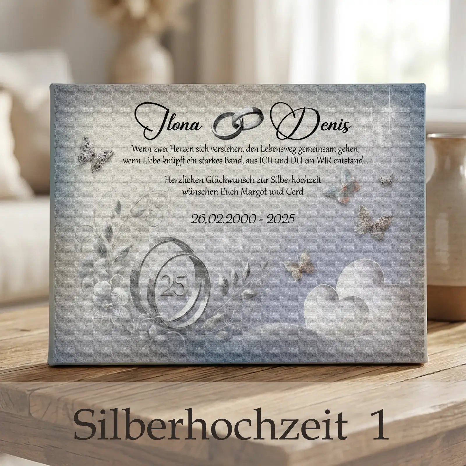 Silberhochzeit Leinwand mit Blumen, Schmetterlingen, Ringen und Zahl 25 in Silber-Optik
