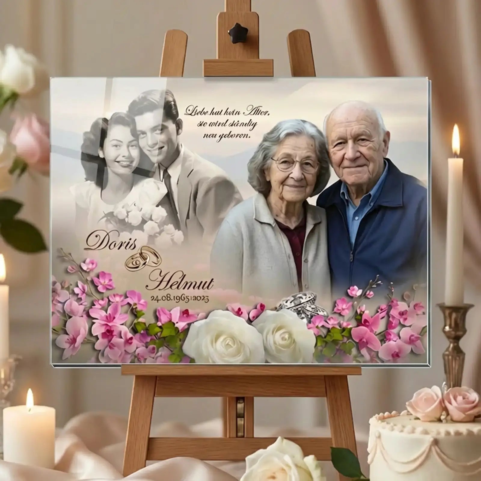 Personalisiertes Acrylglas zur Diamantenen Hochzeit mit Fotomontage eines Ehepaares von früher und heute, Namen Doris und Helmut, Hochzeitsdatum, floralen Elementen, Eheringen und Zitat als Geschenk zum 60. Hochzeitstag