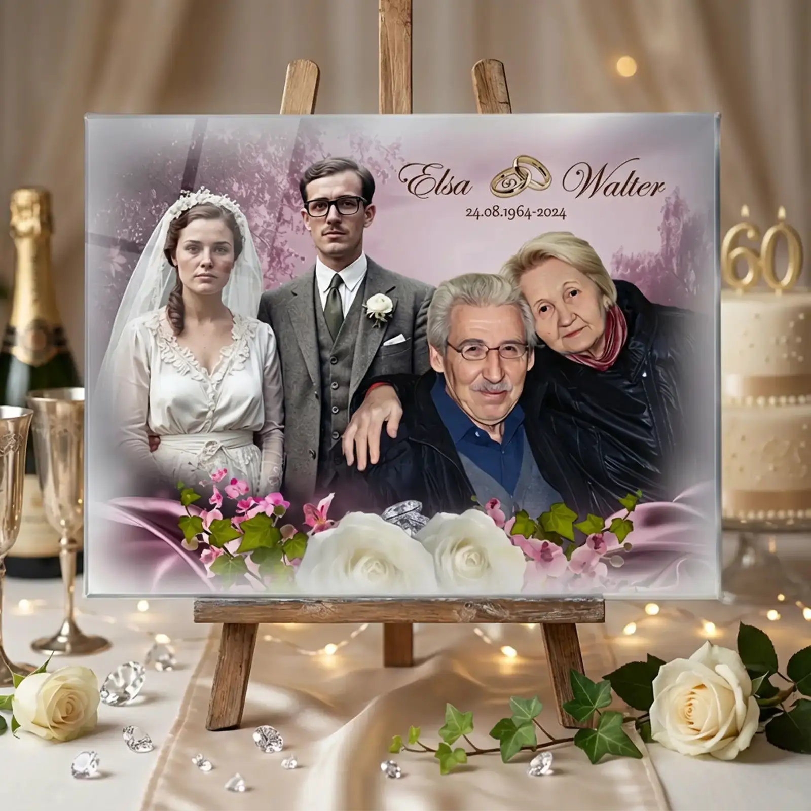 Personalisiertes Acrylglas zur Diamantenen Hochzeit mit Fotomontage eines Ehepaares von früher und heute, Namen Elsa und Walter, Hochzeitsdatum, floralen Elementen, Eheringen und festlicher Tischdekoration als Geschenk zum 60. Hochzeitstag