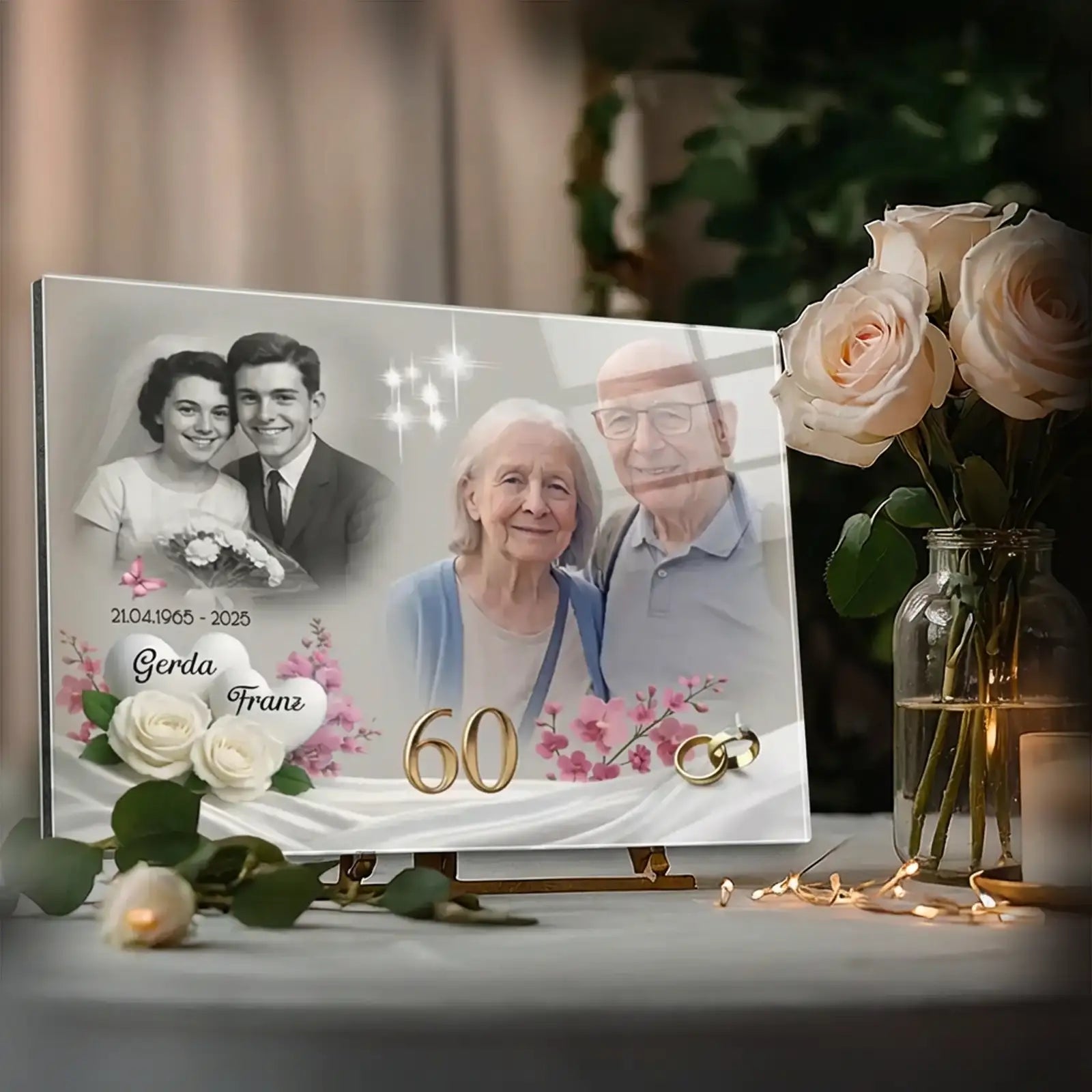 Personalisiertes Acrylglas zur Diamantenen Hochzeit mit Fotomontage eines Ehepaares von damals und heute, goldener Zahl 60, Namen, Hochzeitsdatum, floralen Elementen und Eheringen als Geschenk zum 60. Hochzeitstag
