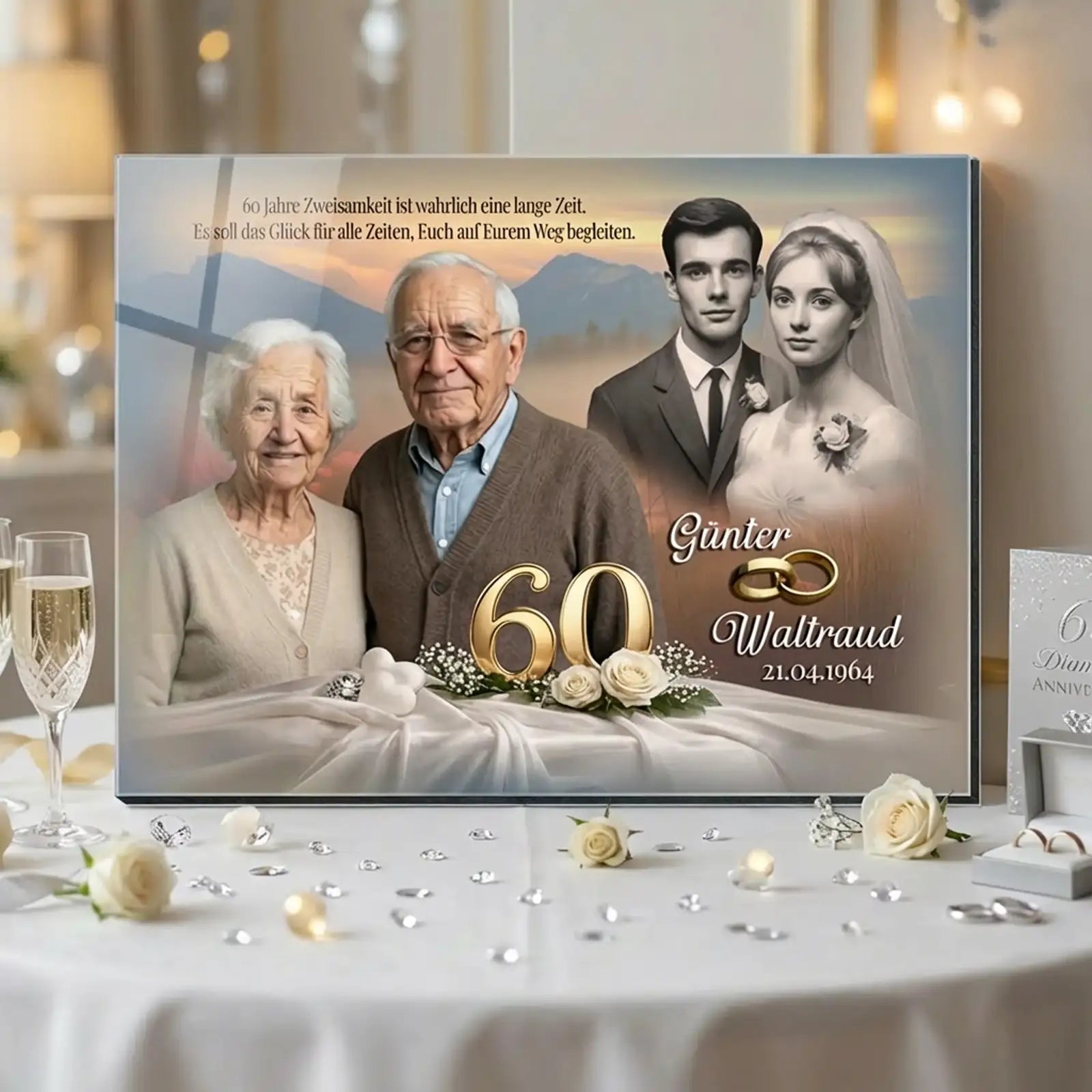 Personalisiertes Acrylglas zur Diamantenen Hochzeit mit Fotomontage eines Ehepaares von früher und heute, goldener Zahl 60, Namen, Hochzeitsdatum, floraler Dekoration und Eheringen als Geschenk zum 60. Hochzeitstag