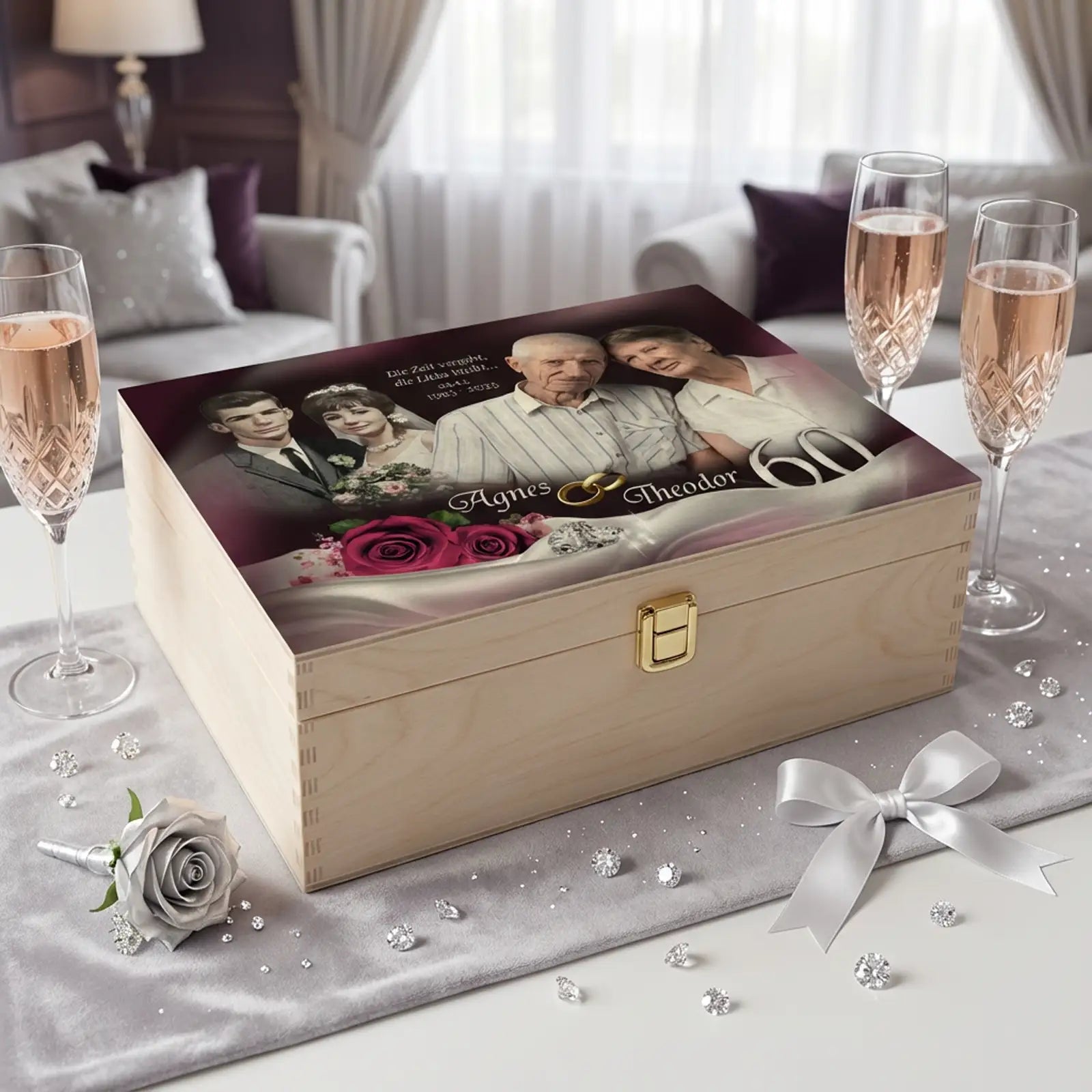 Personalisierte Holzbox mit Fotos zur Diamantenhochzeit, Ehepaar, rote Rosen, Ringe, Datum