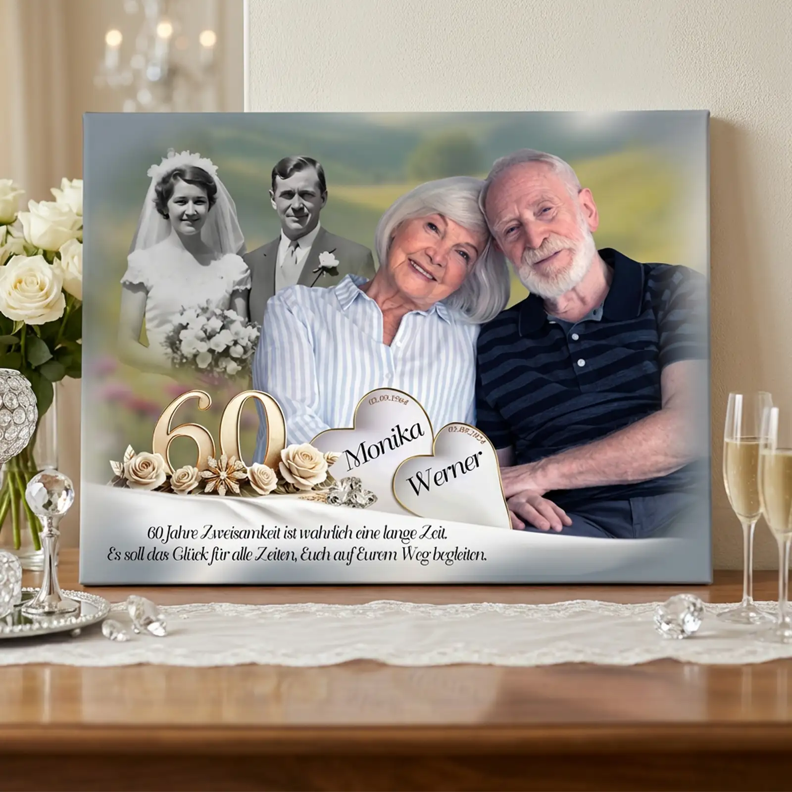 Diamanthochzeitbild auf Leinwand - Mockup mit einem aktuellen Foto des Paares und einem alten Hochzeitsfoto im Hintergrund