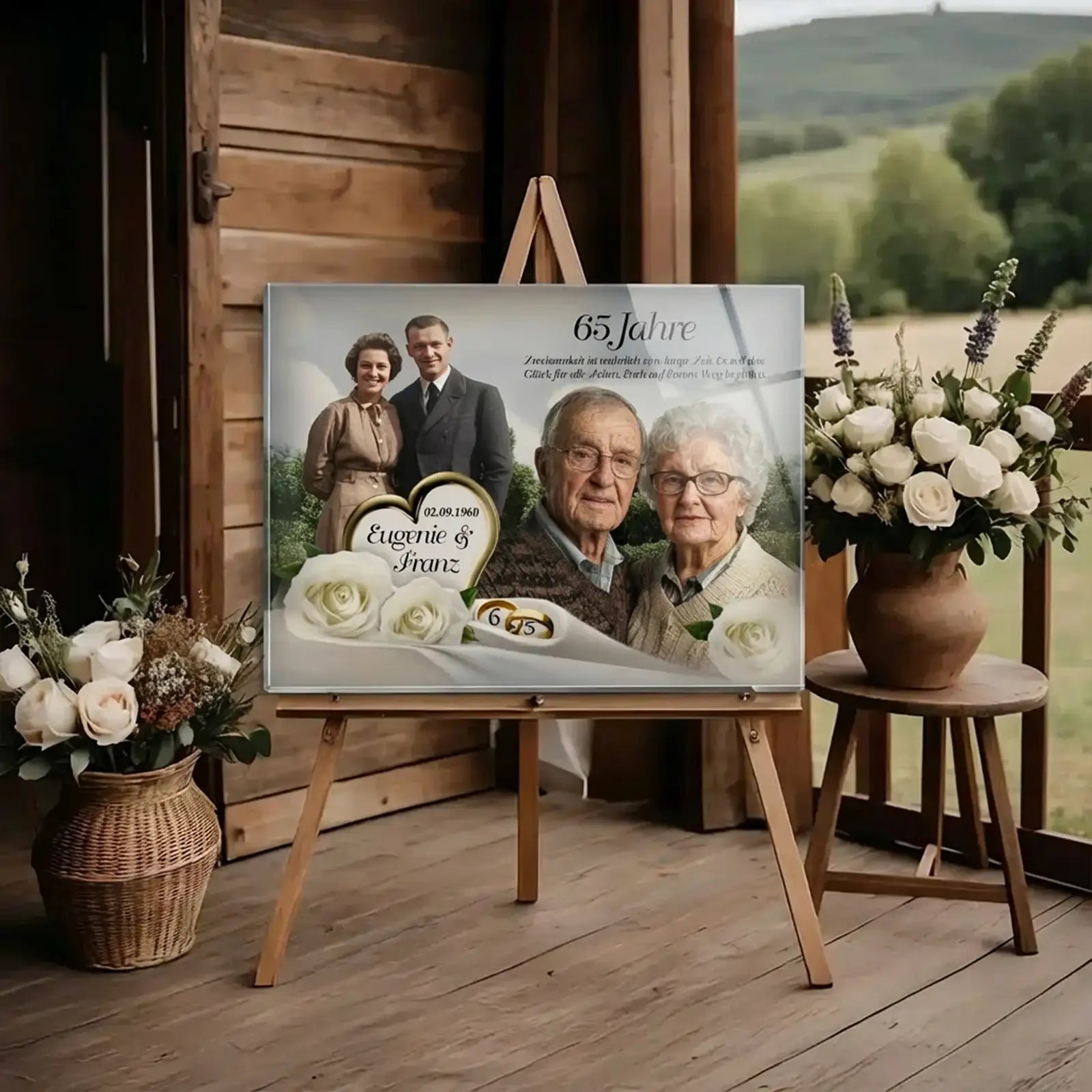 „Personalisiertes Acrylglas zur Eisernen Hochzeit mit Fotomontage eines Ehepaares von früher und heute, silberner Zahl 65, Namen Eugenie und Franz, Hochzeitsdatum, Rosenmotiv und ländlicher Dekoration als Geschenk zum 65. Hochzeitstag