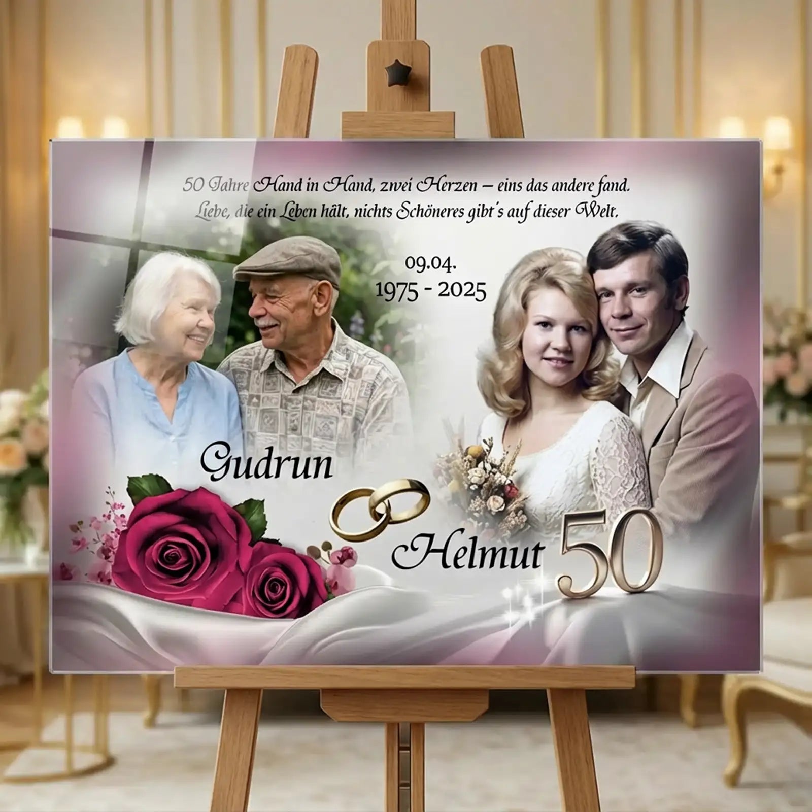 Acrylglas zur Goldenen Hochzeit mit personalisiertem Fotomotiv auf einer Staffelei: links aktuelles Porträt eines älteren Ehepaares, rechts Hochzeitsfoto desselben Paares aus jungen Jahren, mit den Namen Gudrun und Helmut, goldenen Ringen, roten Rosen, der Zahl 50 sowie dem Datum 09.04.1975–2025 vor einem festlichen, warmen Jubiläumshintergrund.