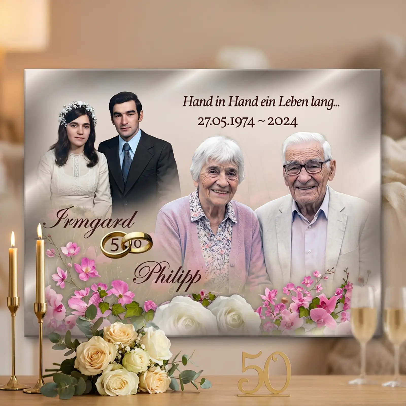 Jubiläums Leinwand zur Goldenen Hochzeit personalisiert mit Fotos des Jubelpaares. Dieses Wandbild feiert den 50 Hochzeitstag und hält besondere Momente fest. Eine liebevolle Dekoration für jeden Raum und ein Geschenk das weit über die Feier hinaus Bestand hat und Erinnerungen täglich lebendig bleiben lässt.
