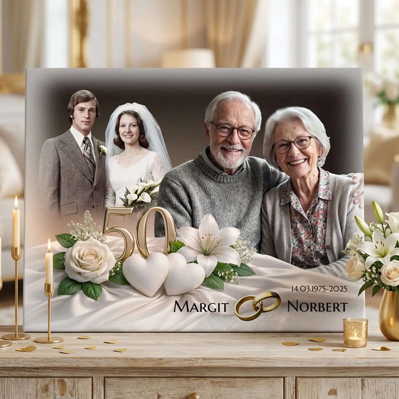 Personalisierte Leinwand zur Goldenen Hochzeit gestaltet mit zwei Fotos damals und heute und den Namen des Ehepaares. Dieses Wandbild ist ein besonderes Geschenk zum 50 Hochzeitstag und würdigt ein halbes Jahrhundert Liebe und Zusammenhalt. Perfekt als Wohnzimmerdekoration und als tägliche Erinnerung an die schönsten gemeinsamen Momente eines langen Ehelebens.
