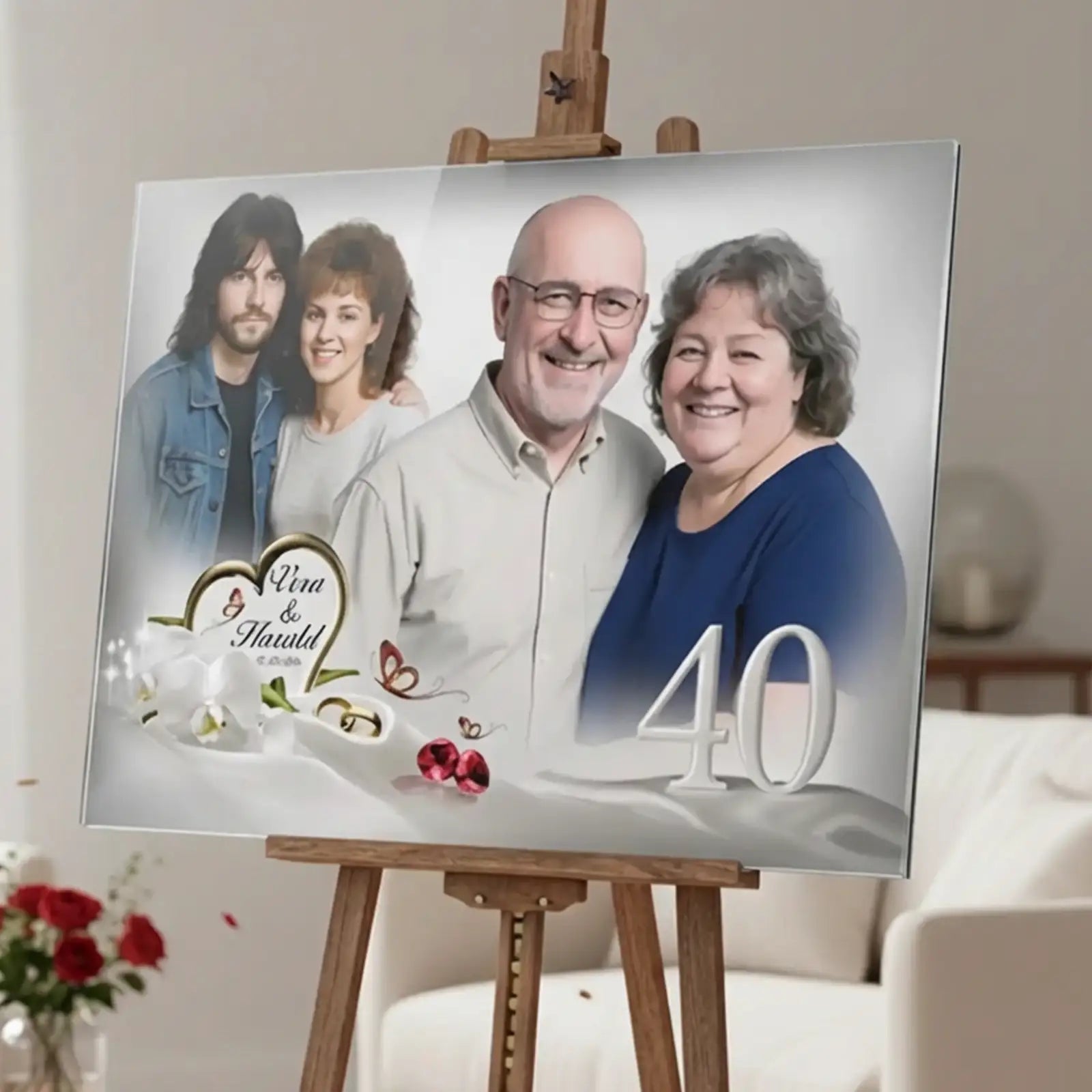 Acrylglas als personalisiertes Geschenk zur Rubinhochzeit mit Bildern und der Zahl 40.