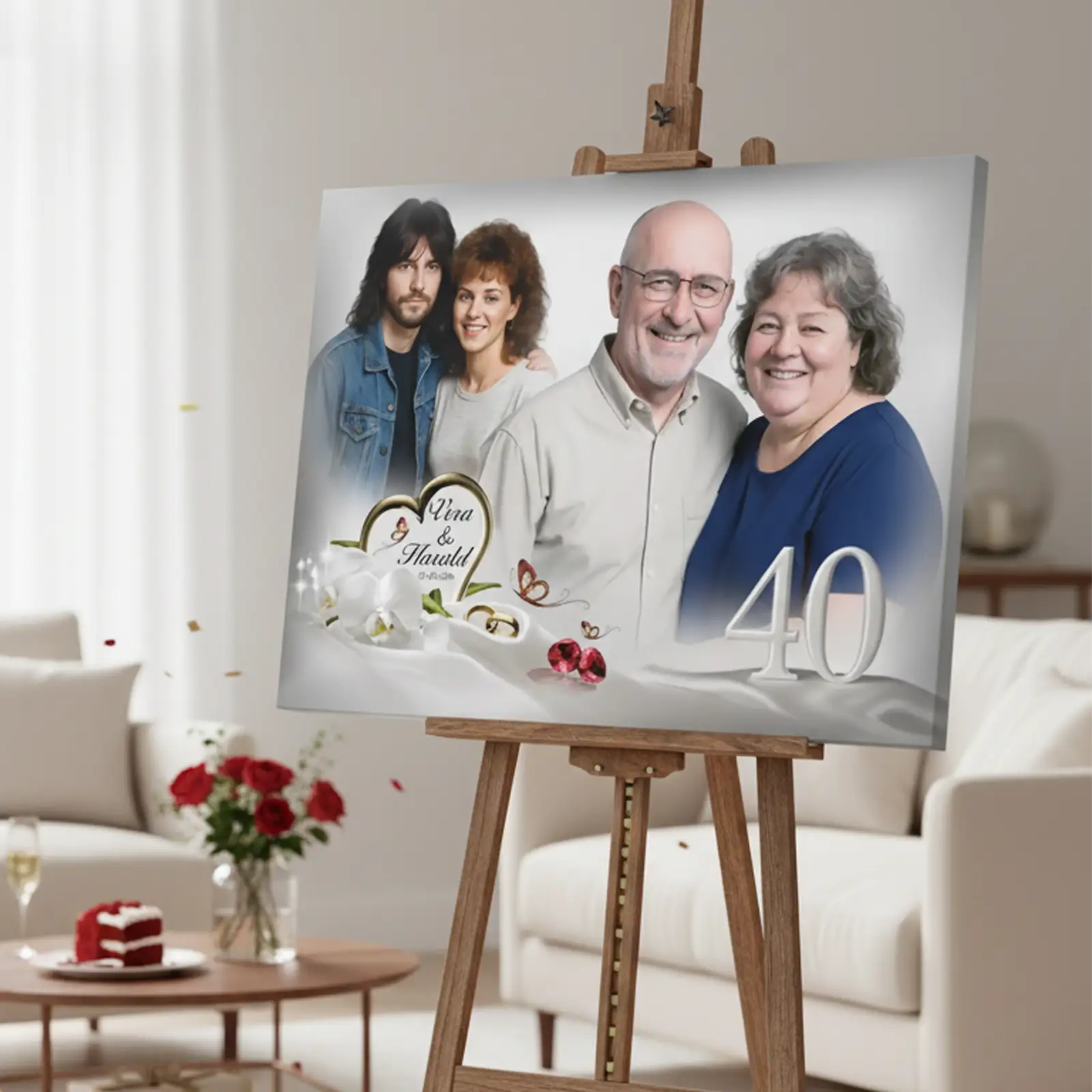 Personalisierte Fotoleinwand zur Rubinhochzeit (40 Jahre) auf einer Holzstaffelei. Die Leinwand zeigt zwei Fotos desselben Ehepaares: links ein junges Paar aus früheren Jahren, rechts das Paar im heutigen Alter. In der Mitte befinden sich Herzmotive, Ringe, weiße Orchideen und rote Schmucksteine. Die Zahl 40 ist deutlich sichtbar. Die Leinwand steht in einem hellen Wohnzimmer mit Sofa, Couchtisch, Blumenstrauß und gedecktem Tisch im Hintergrund.