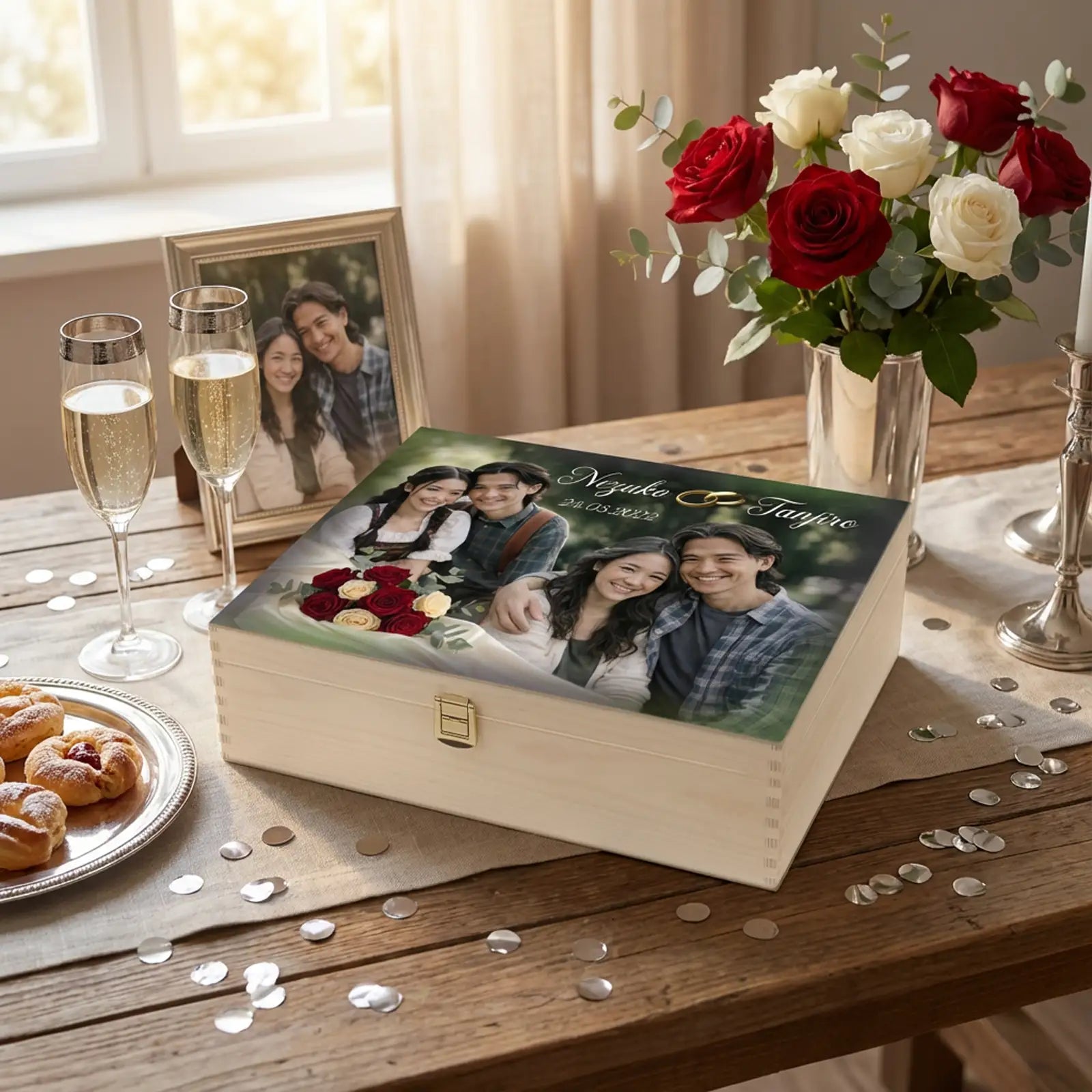 Personalisierte Holzbox Silberhochzeit mit Damals-Heute Fotos, Namen und Datum. Eingebettet in ein harmonisches Design mit Rosen und goldenen Eheringen.