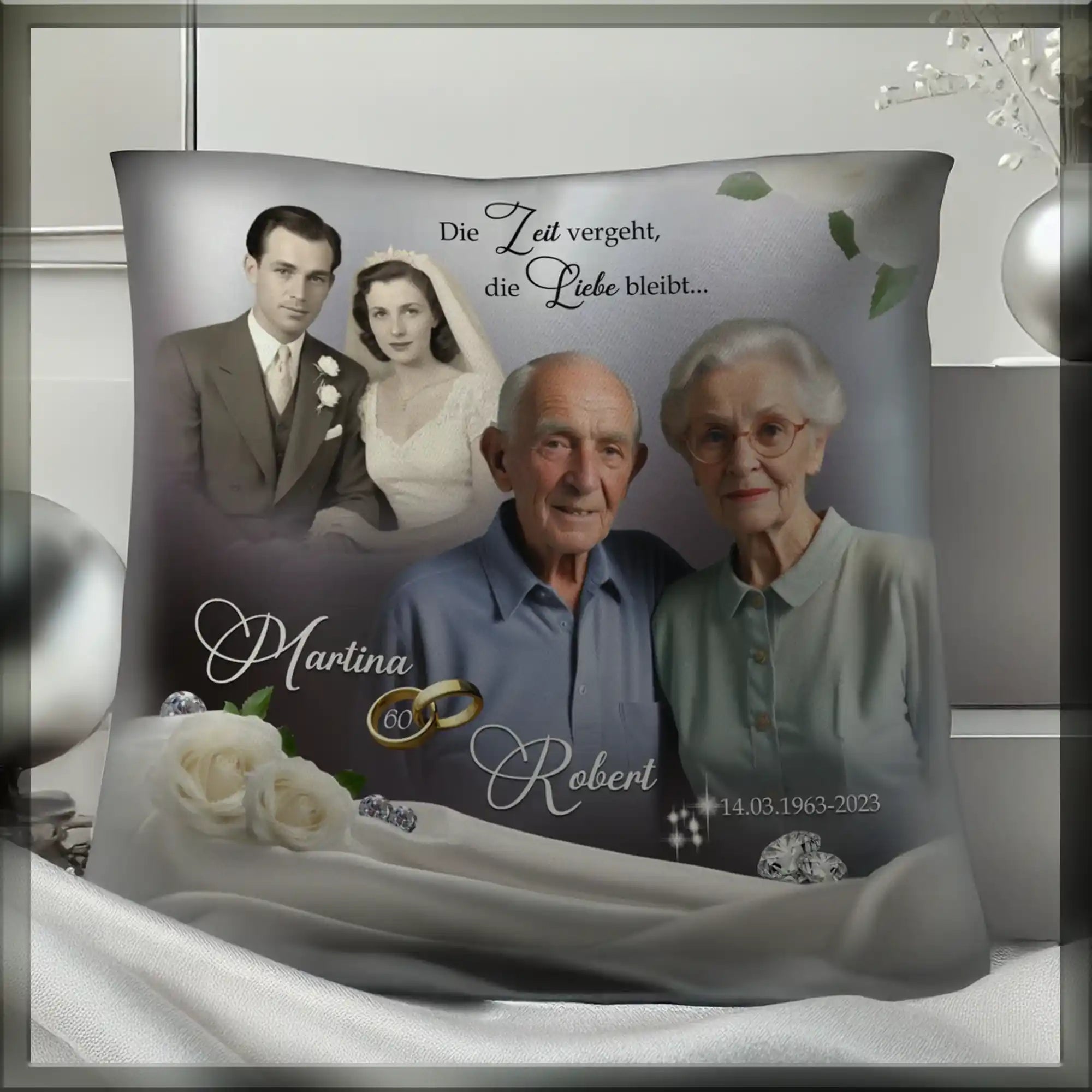 Fotokissen Diamanthochzeit, älteres Ehepaar und Hochzeitsbild, Namensaufdruck, Rosen, Ringe