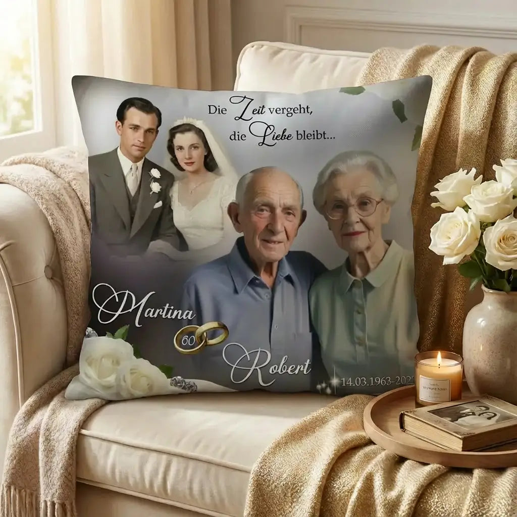 mockup zur Diamanthochzeit - Kissen mit Fotos, Namen und Datum.