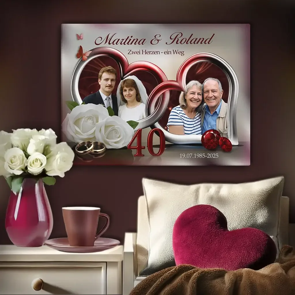 Leinwand zur rubinenen Hochzeit mit zwei Paarfotos, weißen Rosen, roten Herzen und Eheringen.