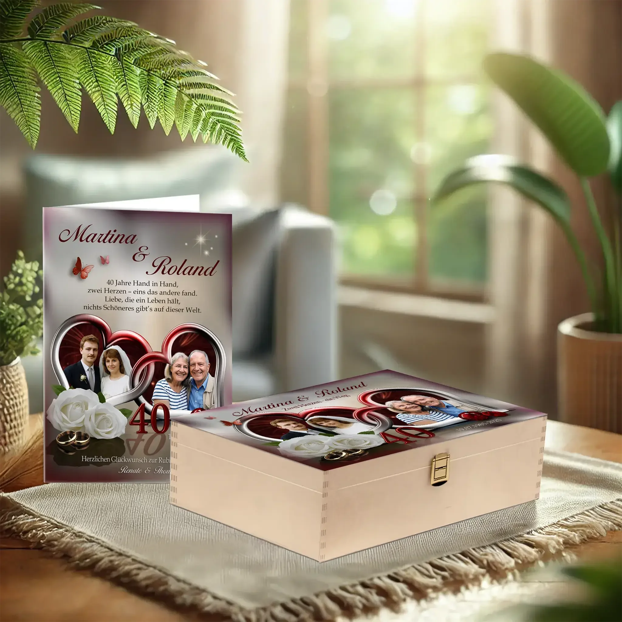 Personalisierte Holzbox zur rubinen Hochzeit mit Fotos und Karte, dekoriert auf Tisch im Wohnzimmer