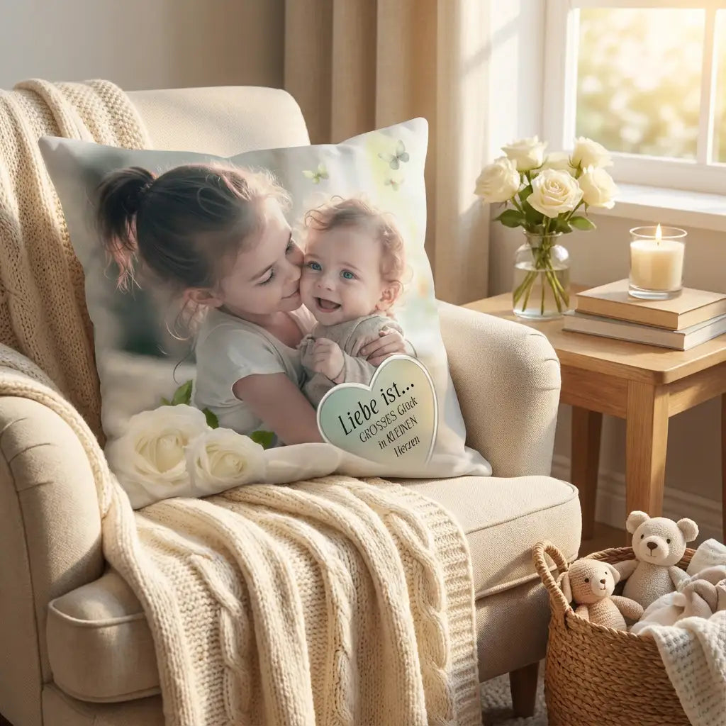 Personalisierbares Kuschelkissen mit Foto von großer Schwester und Baby, Herzsymbol mit Spruch „Liebe ist … Großes Glück in kleinen Herzen“, Rosen, gemütliche Wohnzimmer-Deko – Geschenk für Großeltern, Eltern, Paten, Geschwister oder einfach so