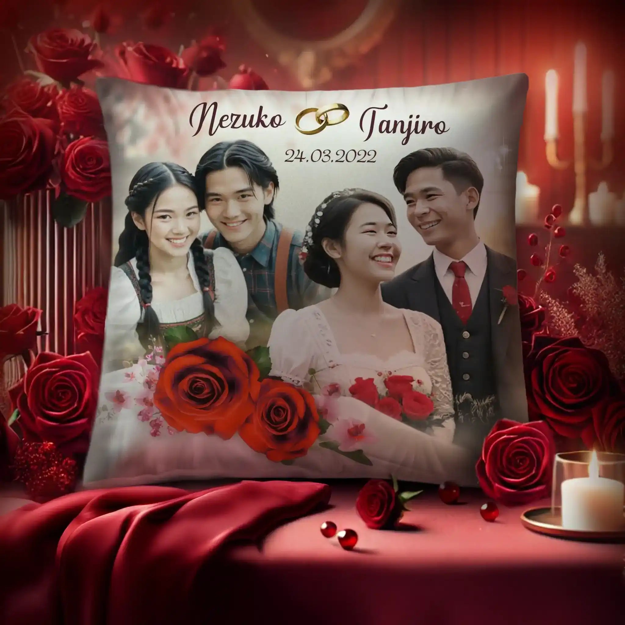 Personalisierte Hochzeitskissen mit Paarfoto, roten Rosen und romantischer Deko auf Tisch