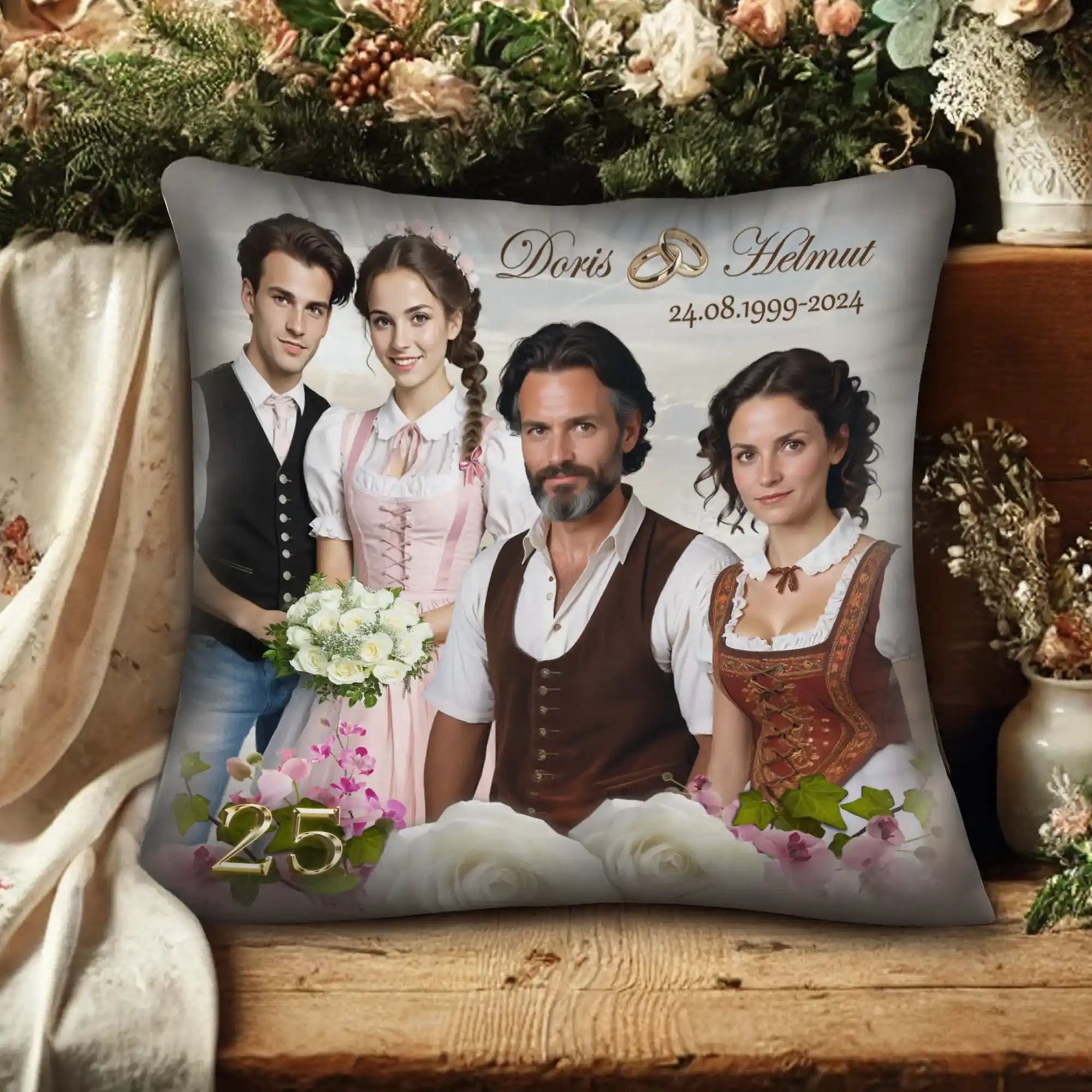 Personalisierte Kissen zur Silberhochzeit mit Familienfoto, Trachtenmode und Blumendekor.