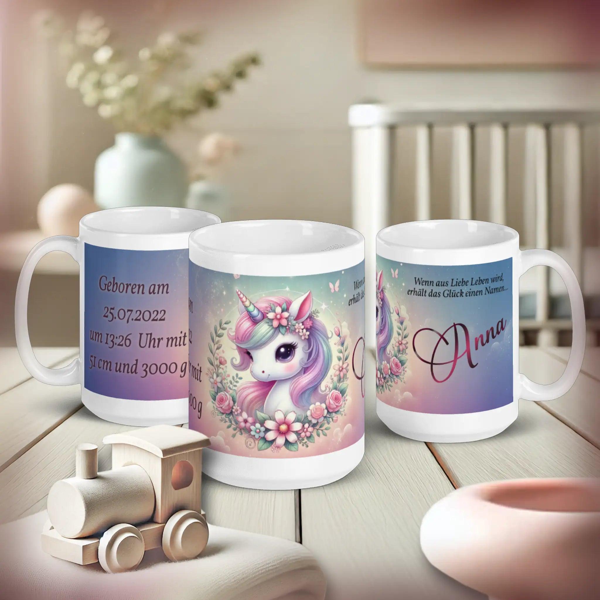 Personalisierte Tasse mit Einhorn-Motiv, Name Anna, Geburtsdaten, Geschenk zur Geburt
