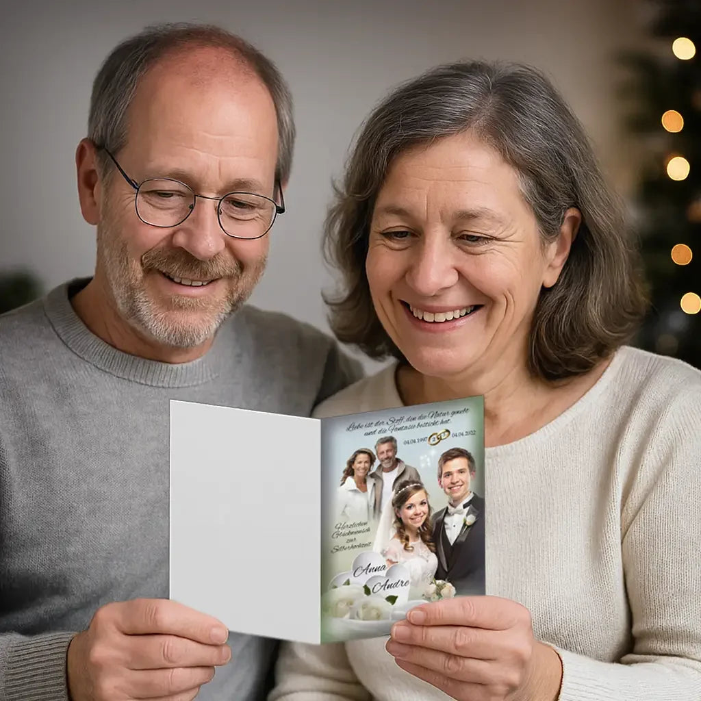 Älteres Paar hält Silberhochzeit Einladungskarte mit Brautpaar-Foto in festlichem Wohnzimmer.