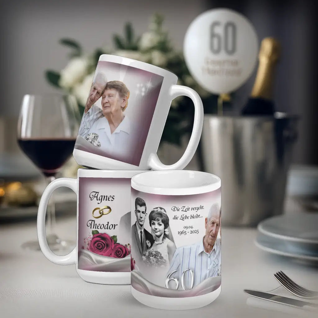 mockup-Stilvolle Jubiläumstasse Diamanthochzeit mit Braut und Bräutigam