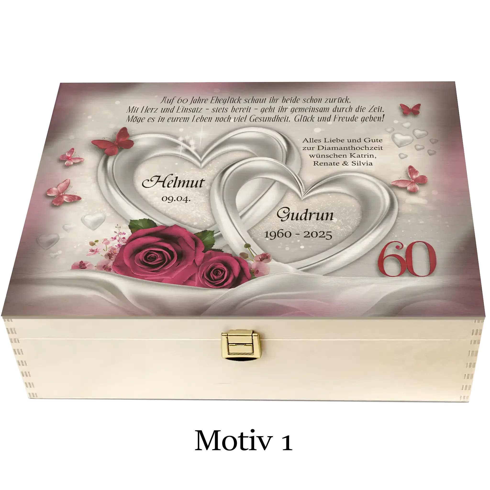 Holzbox zur Diamanthochzeit mit Herzmotiv, roten Rosen, Schmetterlingen und Zahl 60
