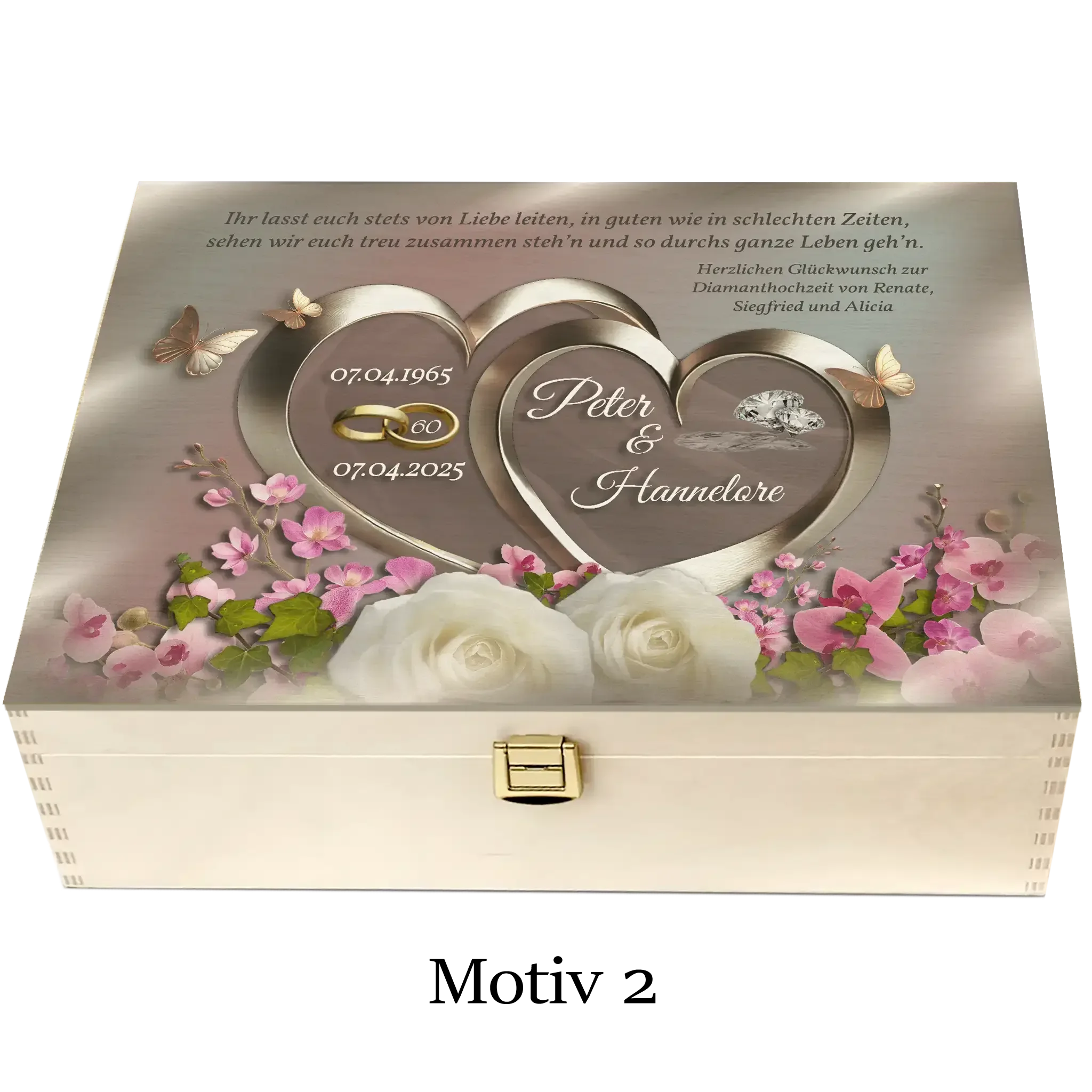 Holzbox Diamanthochzeit Motiv 2 mit Herzen, Blumen, Schmetterlingen und Gravur