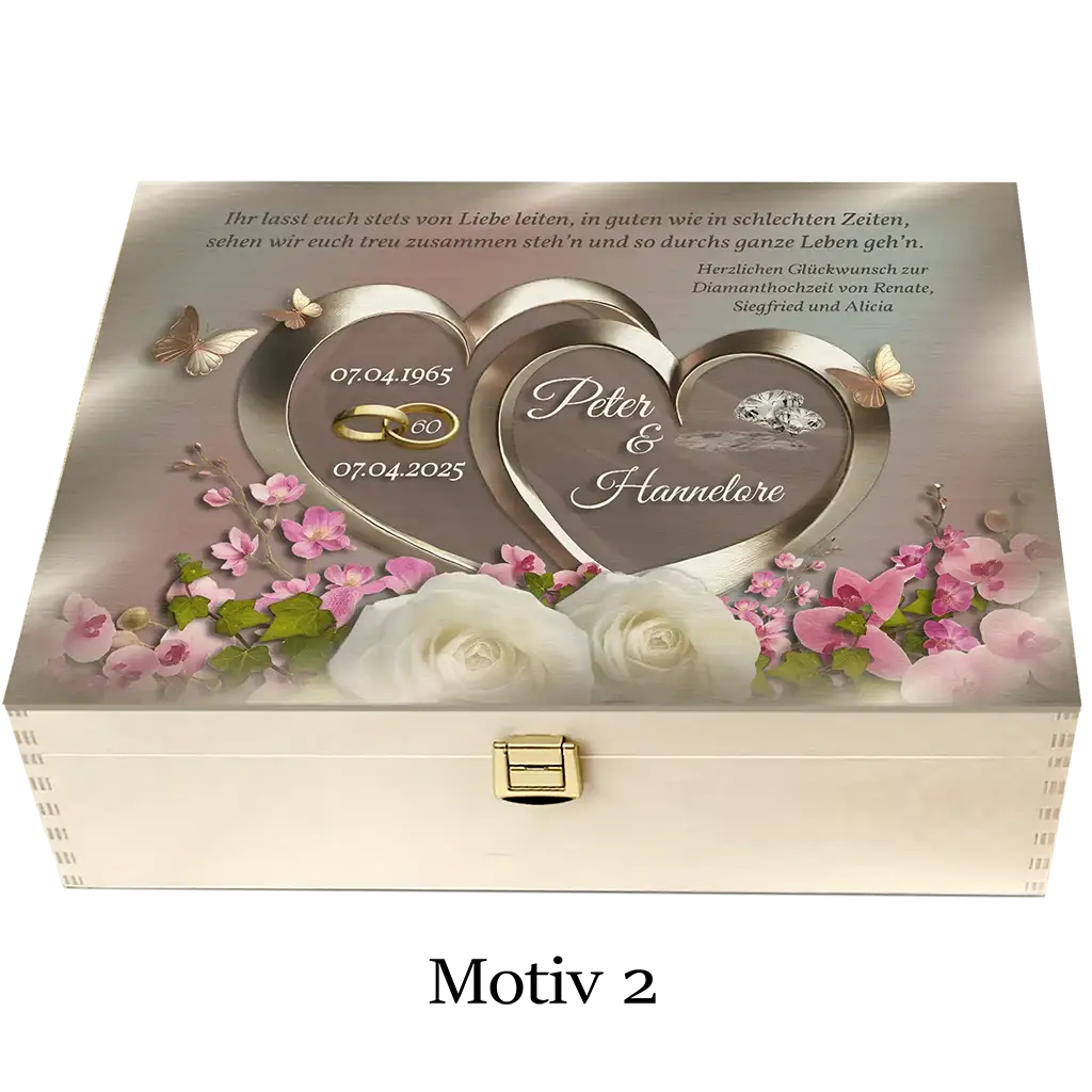 Holzbox Diamanthochzeit Motiv 2 mit Herzen, Blumen, Schmetterlingen und Gravur