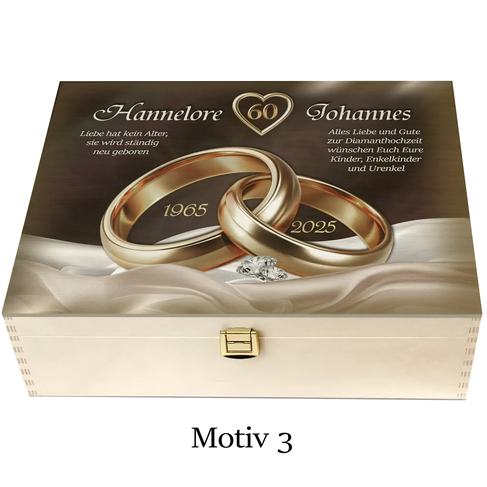 Holzbox zur Diamanthochzeit mit goldenen Ringen, Gravur und dekorativem Stoff, Motiv 3