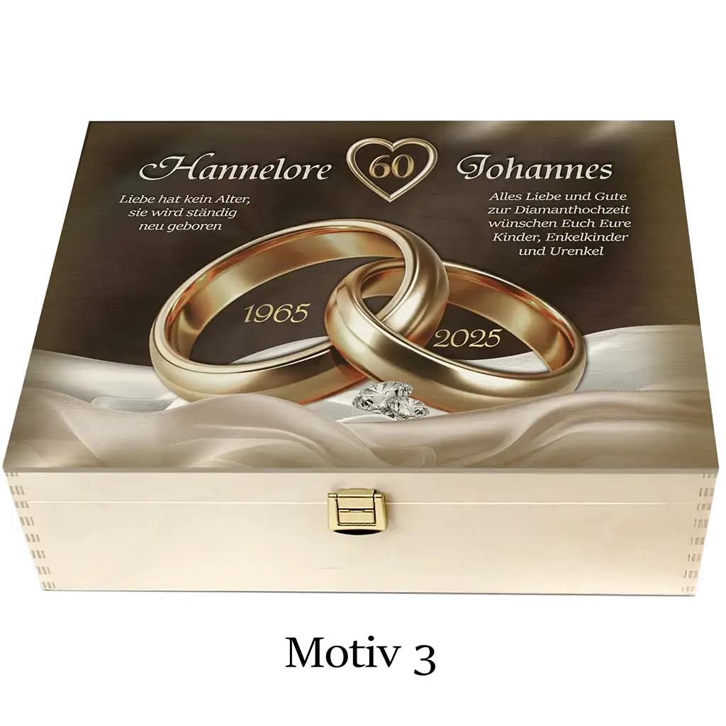 Holzbox zur Diamanthochzeit mit goldenen Ringen, Gravur und dekorativem Stoff, Motiv 3