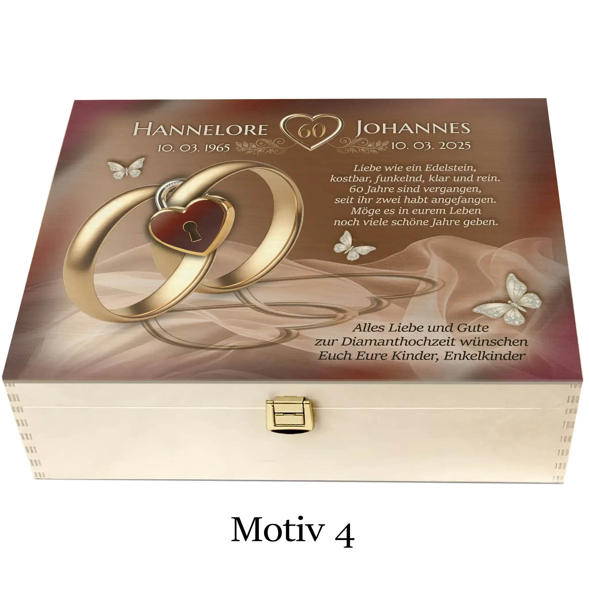 Holzbox Diamanthochzeit Motiv 4 mit goldenen Ringen, Schmetterlingen und Gravur