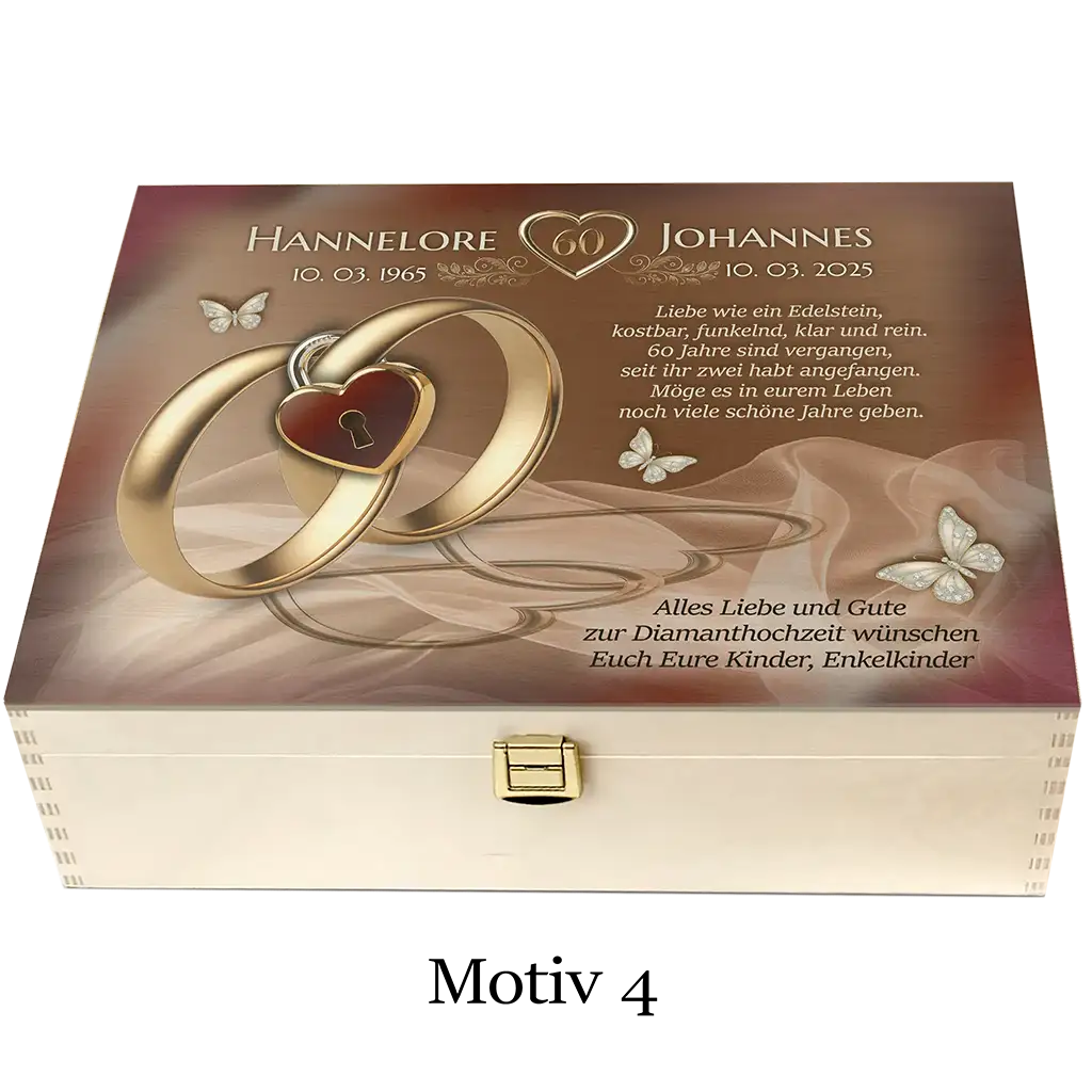 Holzbox Diamanthochzeit Motiv 4 mit goldenen Ringen, Schmetterlingen und Gravur