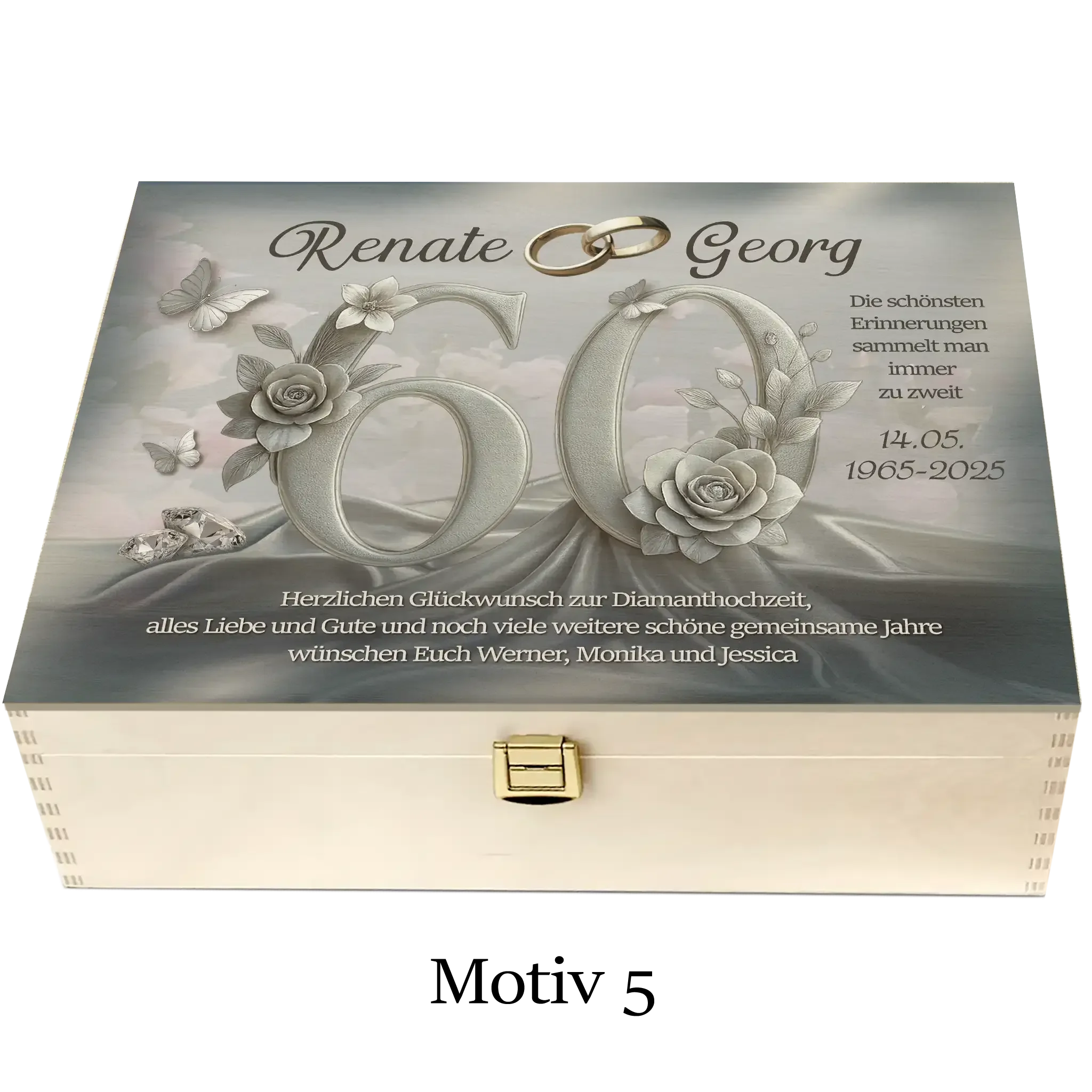 Personalisierte Holzbox zur Diamanthochzeit mit Blumen, Schmetterlingen und Gravur Motiv 5