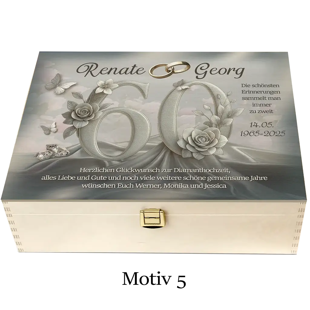 Personalisierte Holzbox zur Diamanthochzeit mit Blumen, Schmetterlingen und Gravur Motiv 5