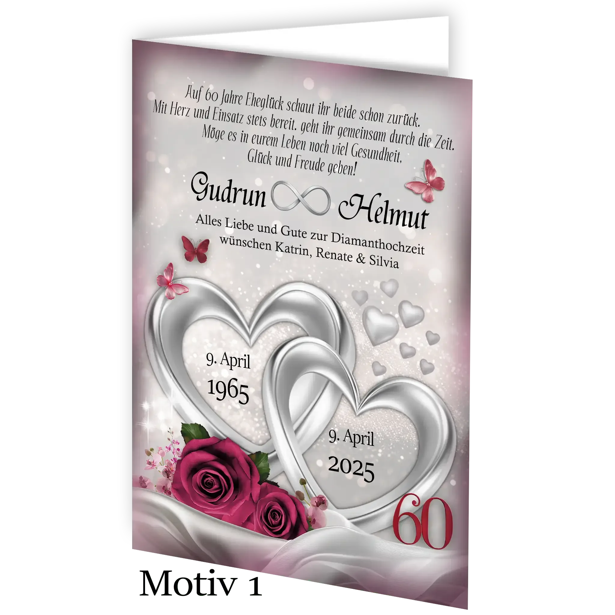 Diamanthochzeit Karte mit silbernen Herzen, roten Rosen und Schmetterlingen, Text und Datum