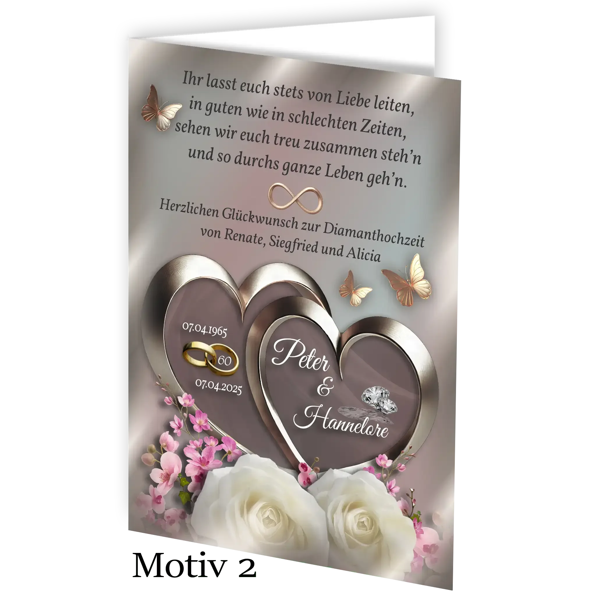 Elegante Diamanthochzeit Karte mit silbernen Herzen, Blumen, Schmetterlingen und Ringen.