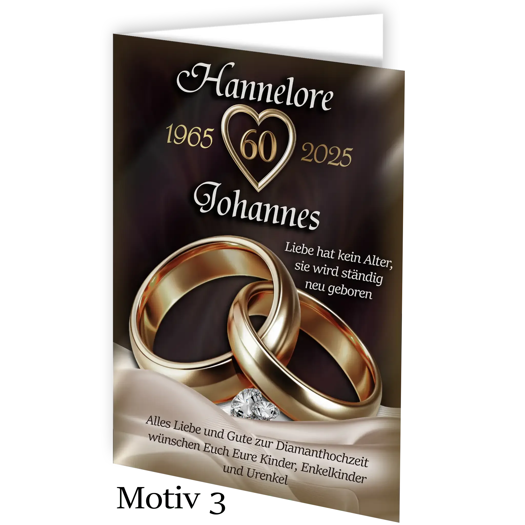 Diamanthochzeit Karte mit goldenen Ringen, Diamant, Herz und Text auf dunklem Hintergrund