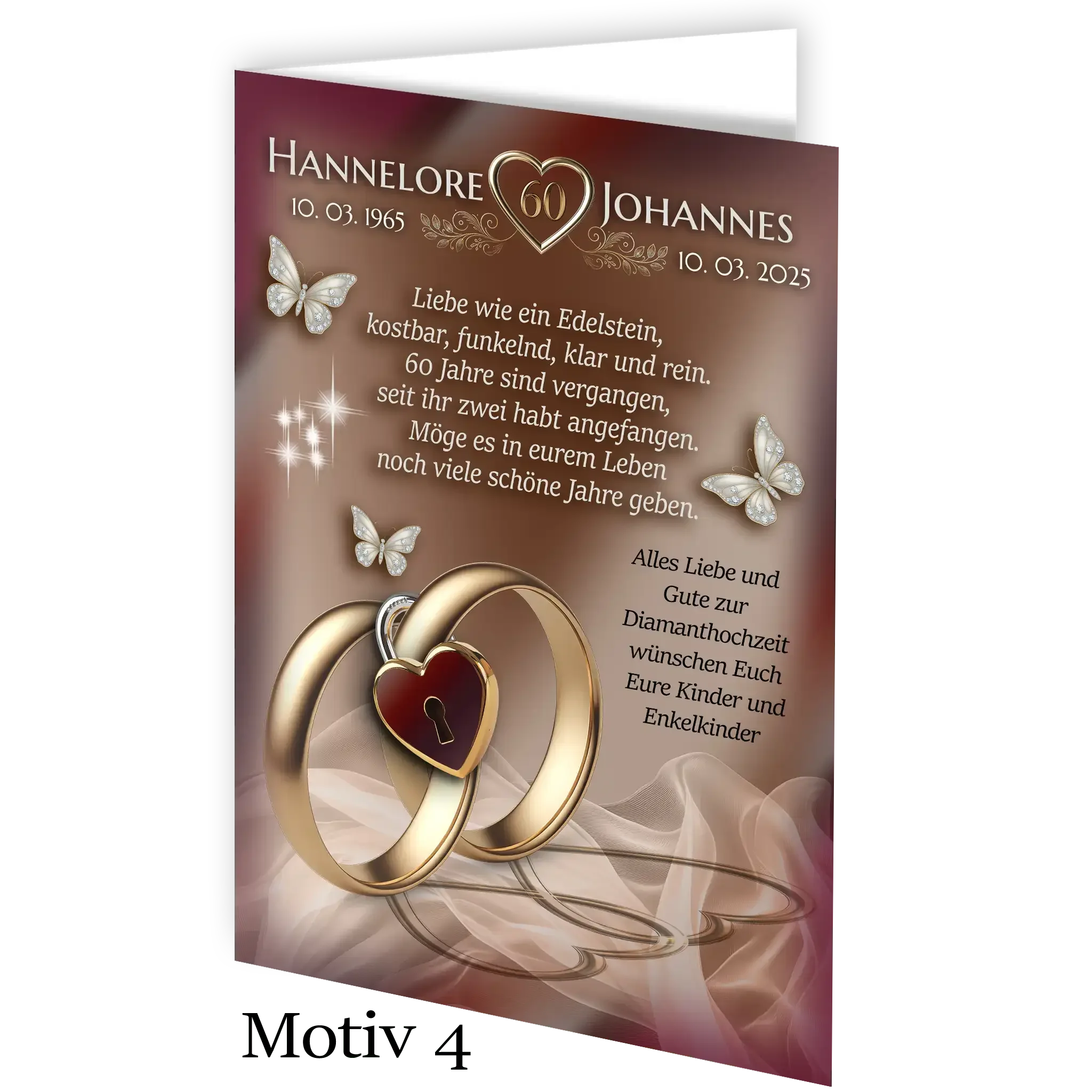 Diamanthochzeit Karte mit goldenen Ringen, Herzanhänger und Schmetterlingen auf edlem Hintergrund