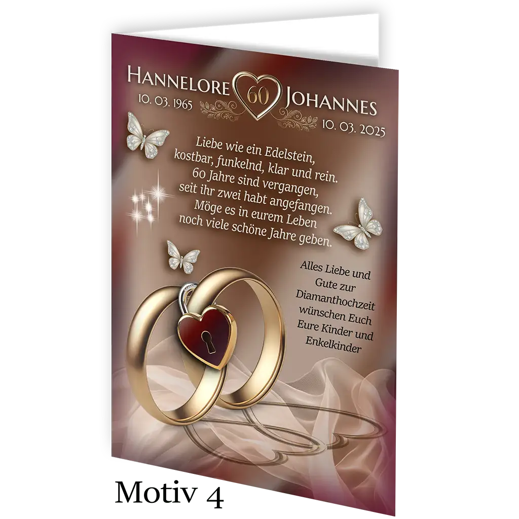 Diamanthochzeit Karte mit goldenen Ringen, Herzanhänger und Schmetterlingen auf edlem Hintergrund