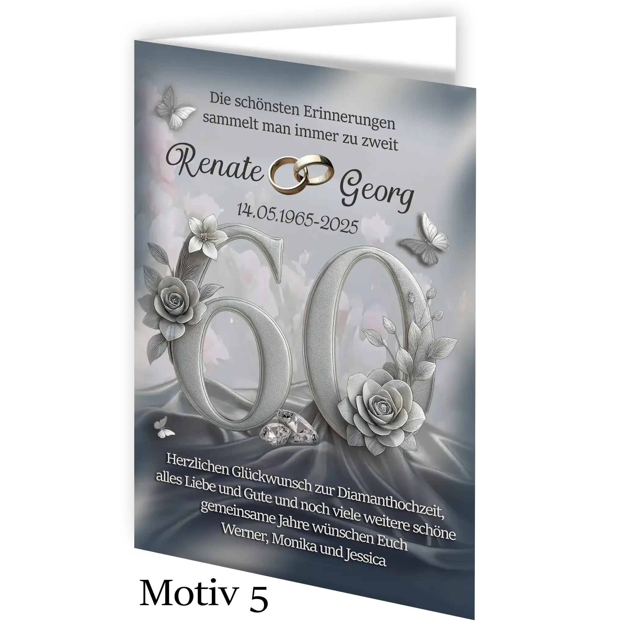 Elegante Diamanthochzeit Karte mit silberner 60, Blumen, Schmetterlingen und Ringen.