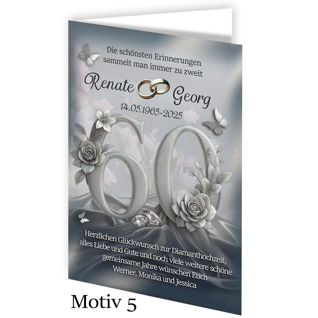 Elegante Diamanthochzeit Karte mit silberner 60, Blumen, Schmetterlingen und Ringen.