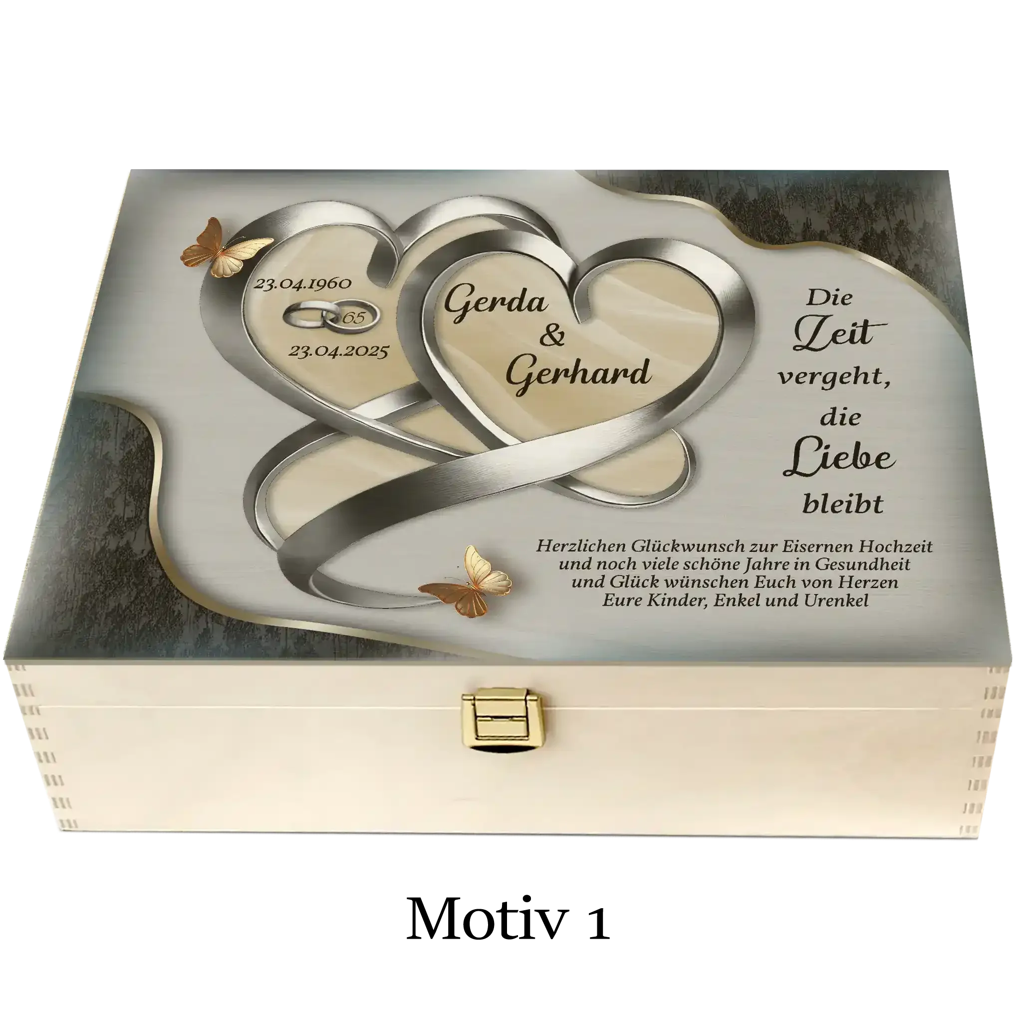 Personalisierte Holzbox zur Eisernen Hochzeit mit Herzen, Schmetterlingen und Gravur