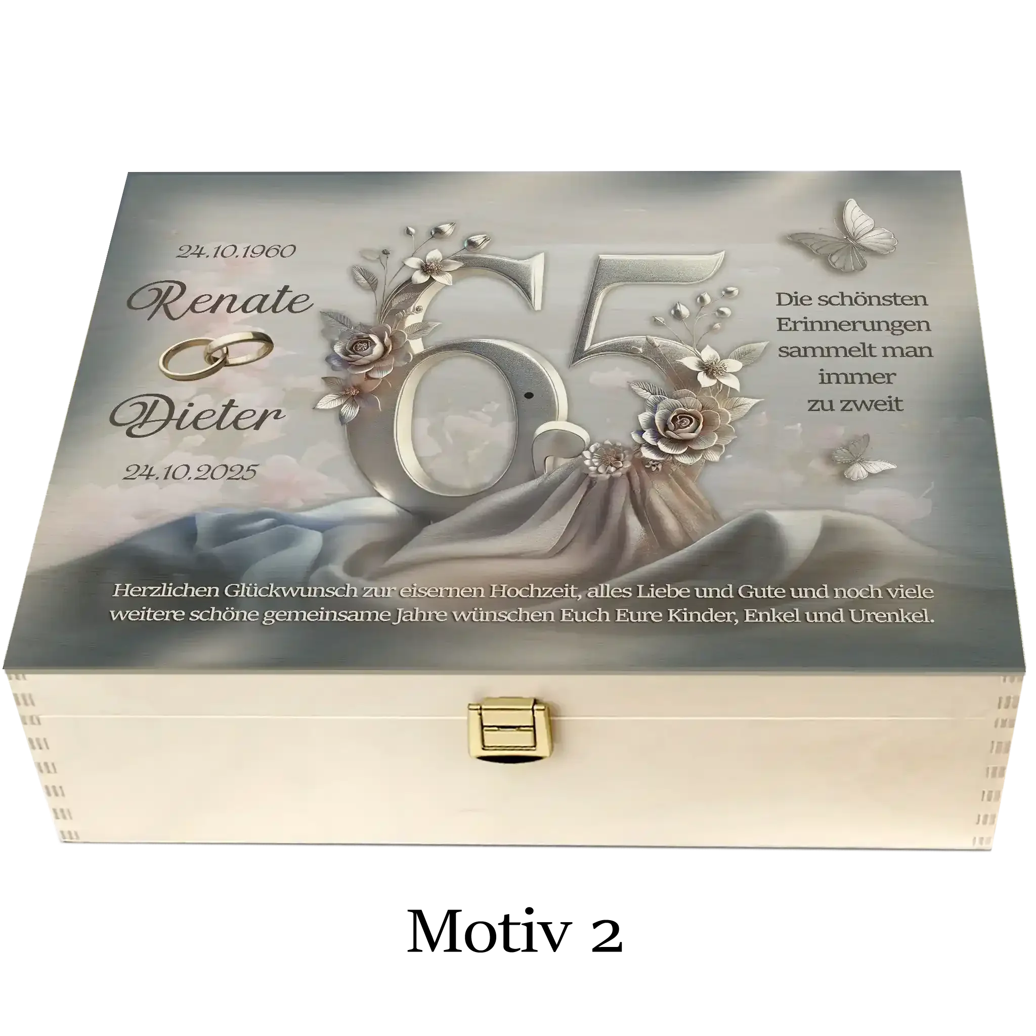 Personalisierte Holzbox zur 65. Eisenhochzeit mit Gravur, Rosen und Schmetterlingen, Geschenkidee