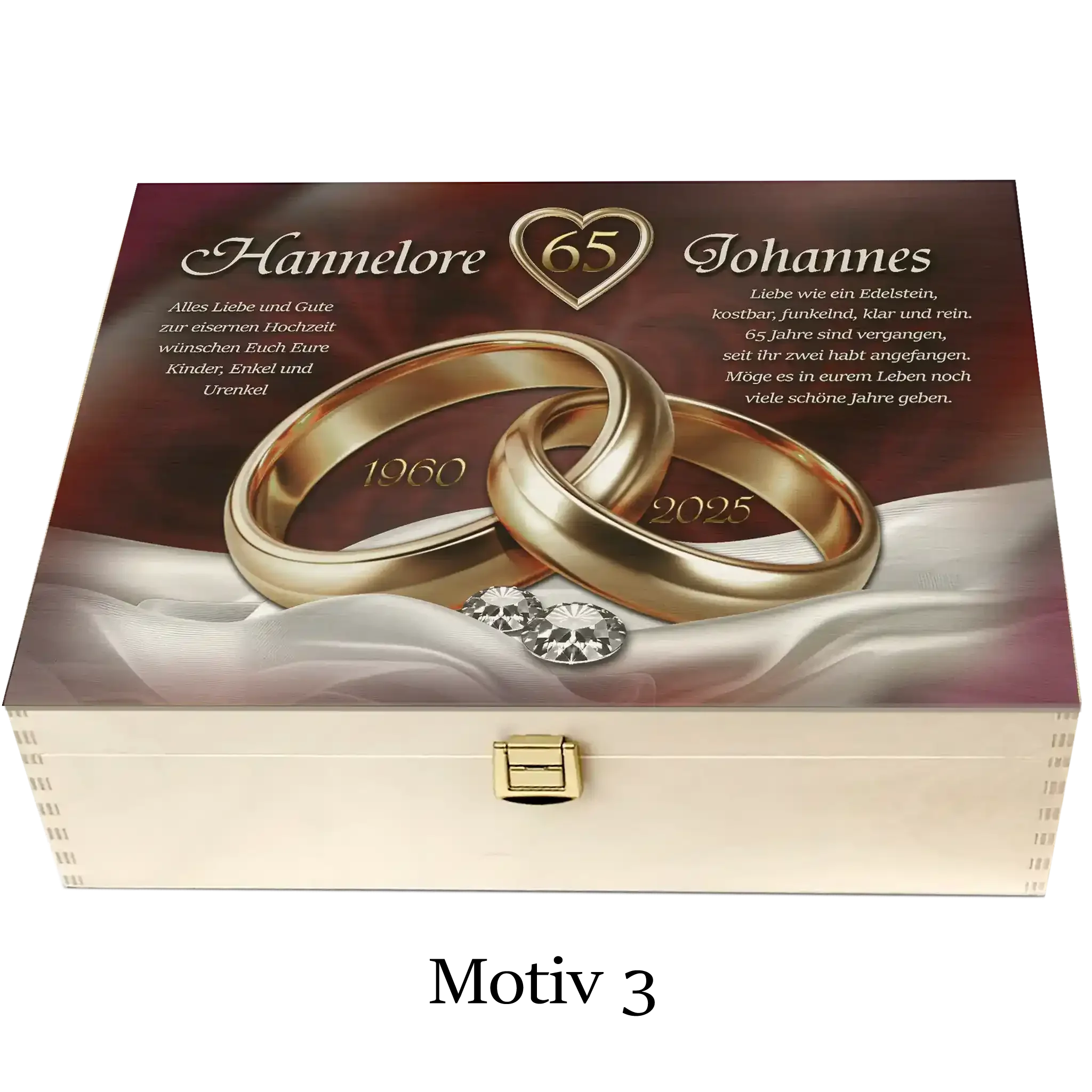 Personalisierte Holzbox zur Eisenhochzeit mit goldenen Ringen, Gravur und Schmuckstein-Dekor